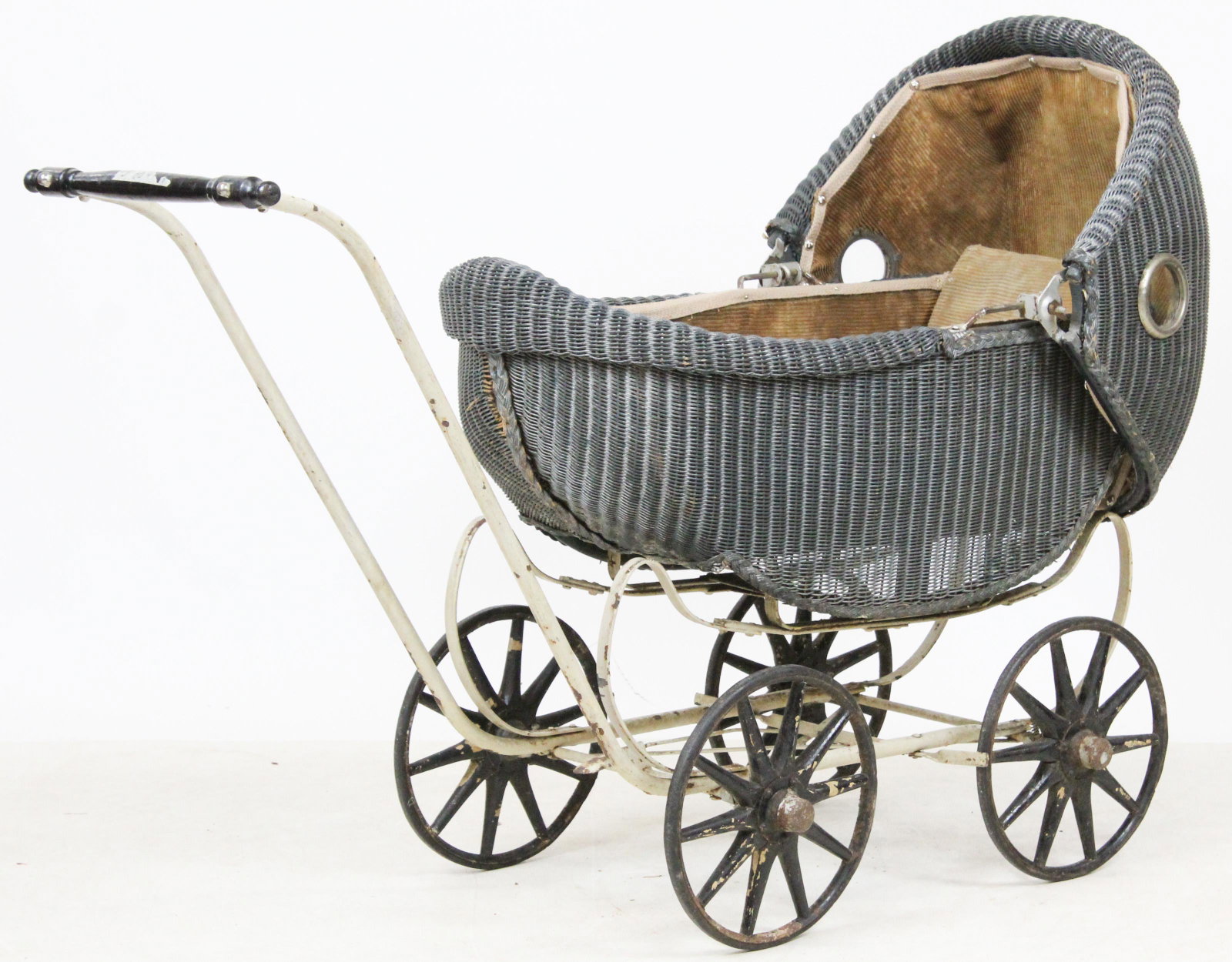 Early 20th c Wicker Baby Carriage: Early 20th c wicker baby carriage, some wear to paint, length 43"
