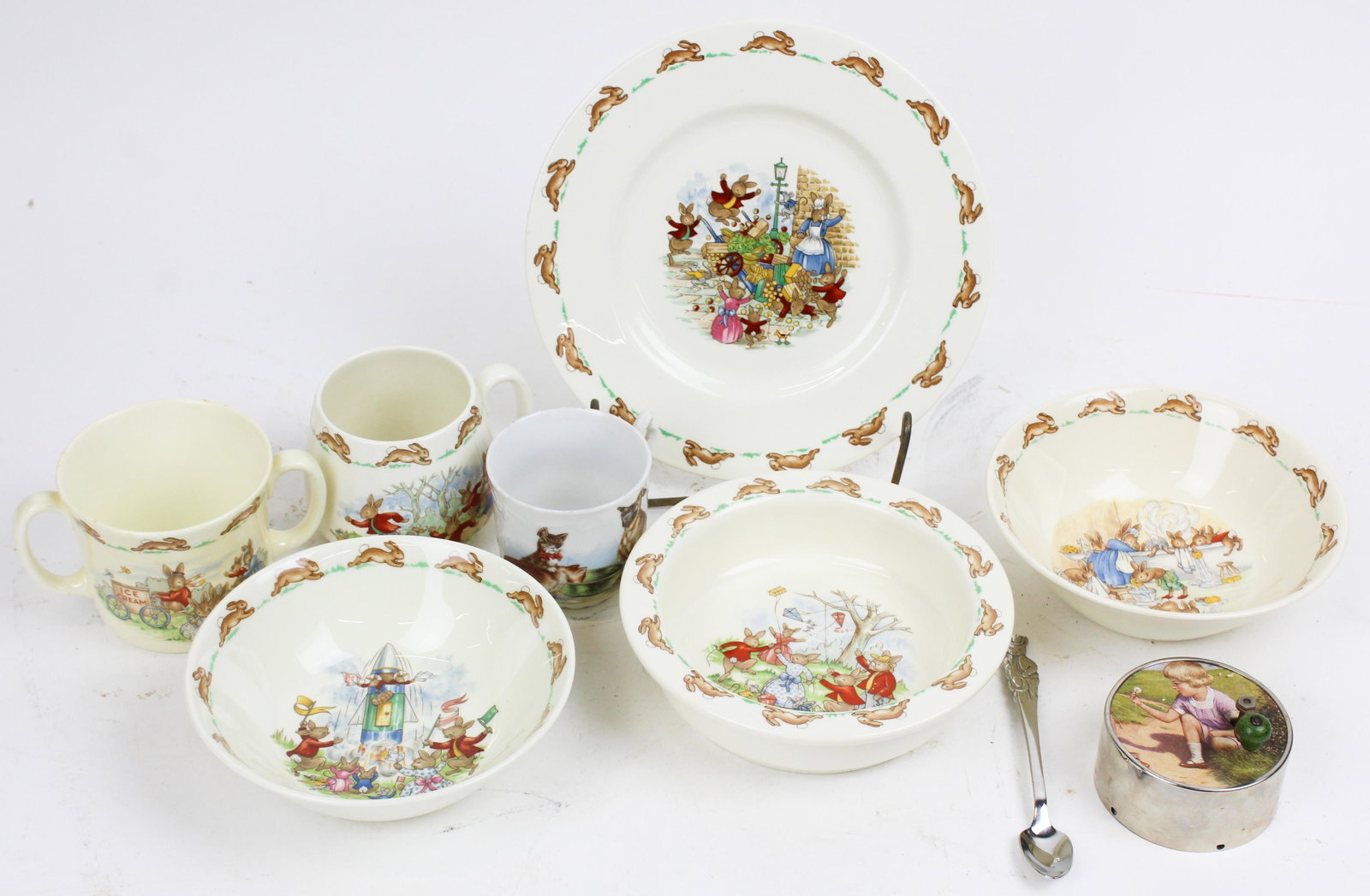 Royal Doulton Bunnykins, Music Box: Royal Doulton Bunnykins breakfast set, child's cup, 1890's hand held hand crank music box