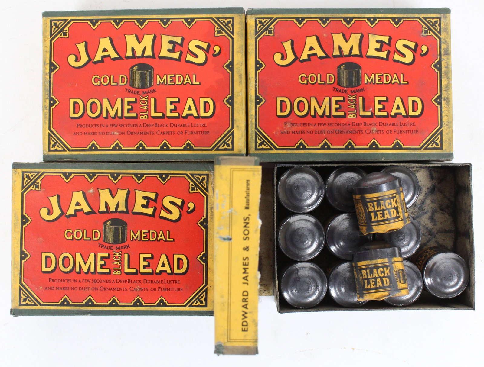 James' Gold Medal Dome Black Lead NOS: 4 cases of 12 sample size James' Gold Medal Dome Black Lead (48 pcs), new old stock, diameter of each dome 1 1/8", boxes 5" x 3" x 1 1/2"