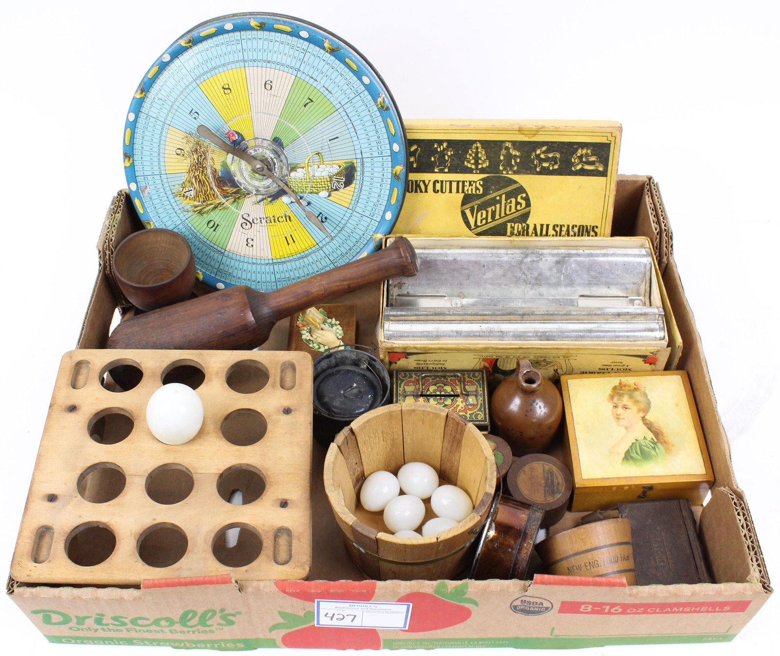 Kitchenware, Glass Eggs, Tin Litho Game: Kitchenware, Glass Eggs (including rare quail size), tin litho game, cookie cutters, etc