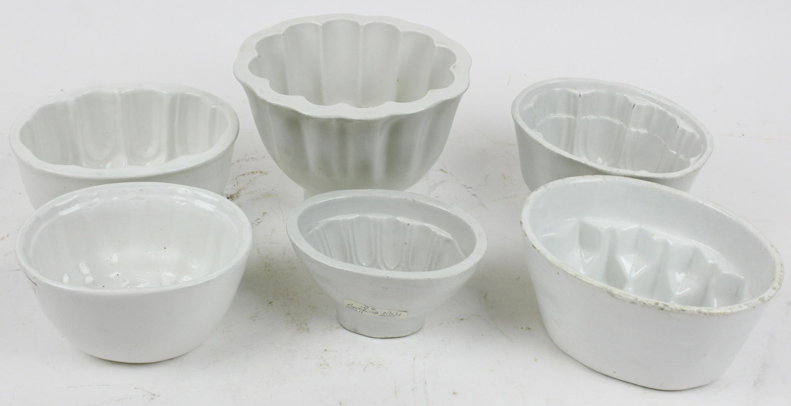 English Ironstone Food Molds: English ironstone food molds (6 pcs), lengths from 5 1/2" to 7"