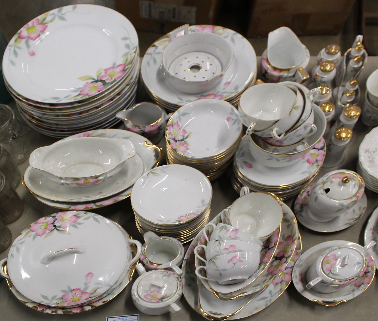 Approx 100 pieces of Noritake Pink Floral China: Approx 100 Pieces of Noritake Pink Floral China, hand painted, including plates, cups, serving pieces, salt and pepper shakers, etc.