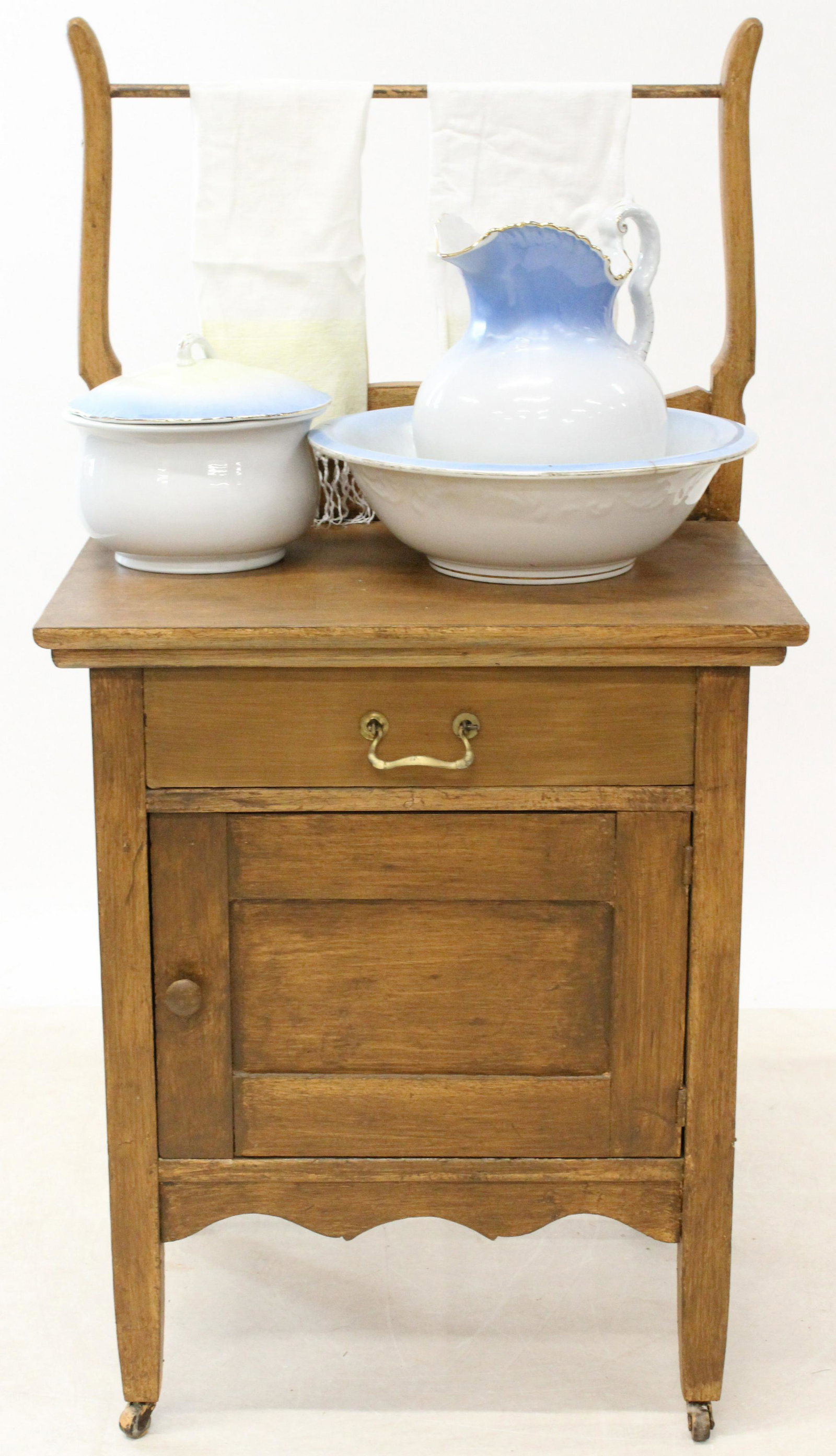 Ash Commode with Washbowl and Pitcher: Ash Commode with towel bar, Washbowl and Pitcher set (crack to bowl) 24 x 19 x 20"