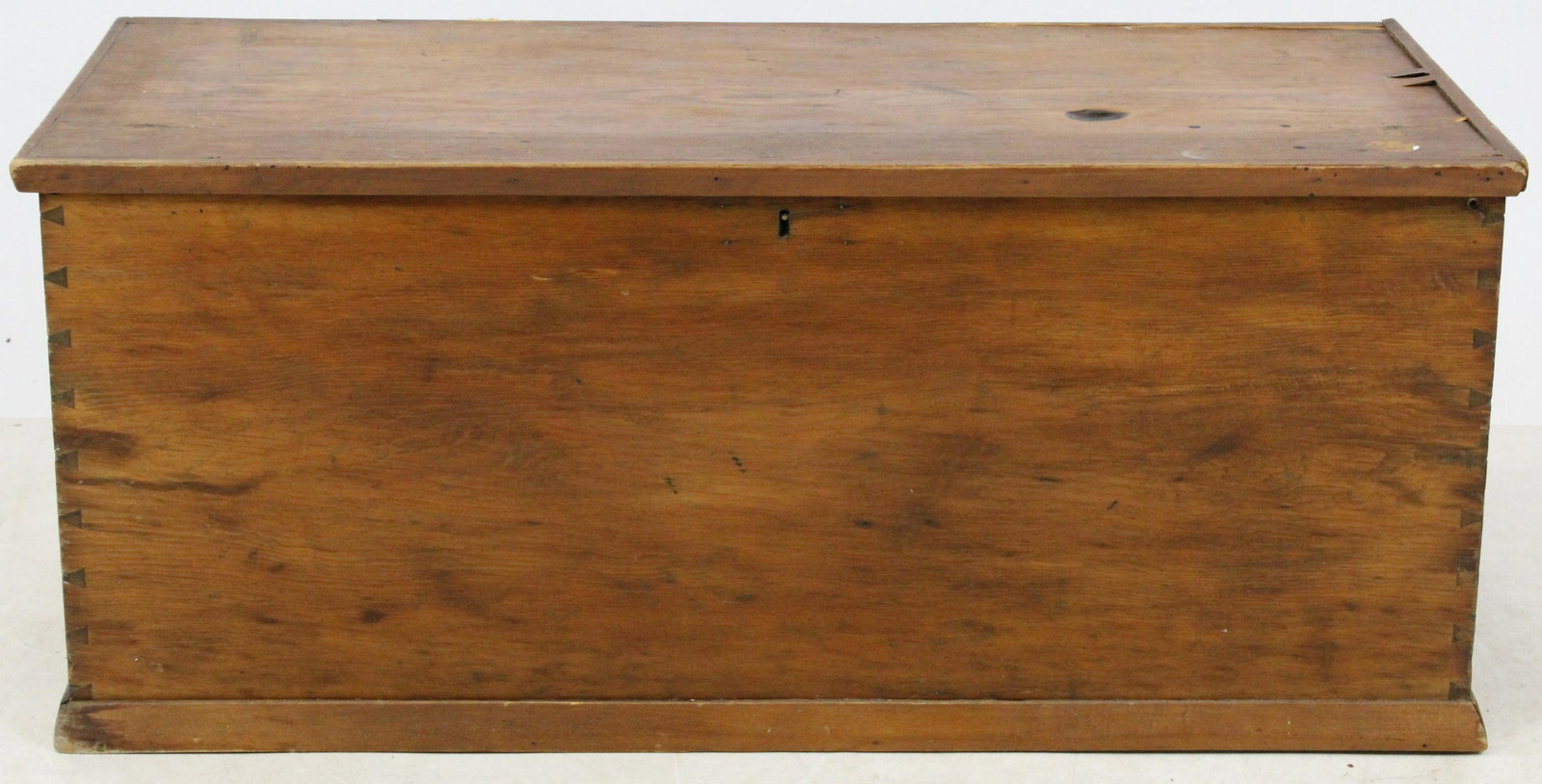 19th c Pine Six Board Box: 19th c Pine six board box with traces of old blue paint, refinished, 42 x 18 x 18"
