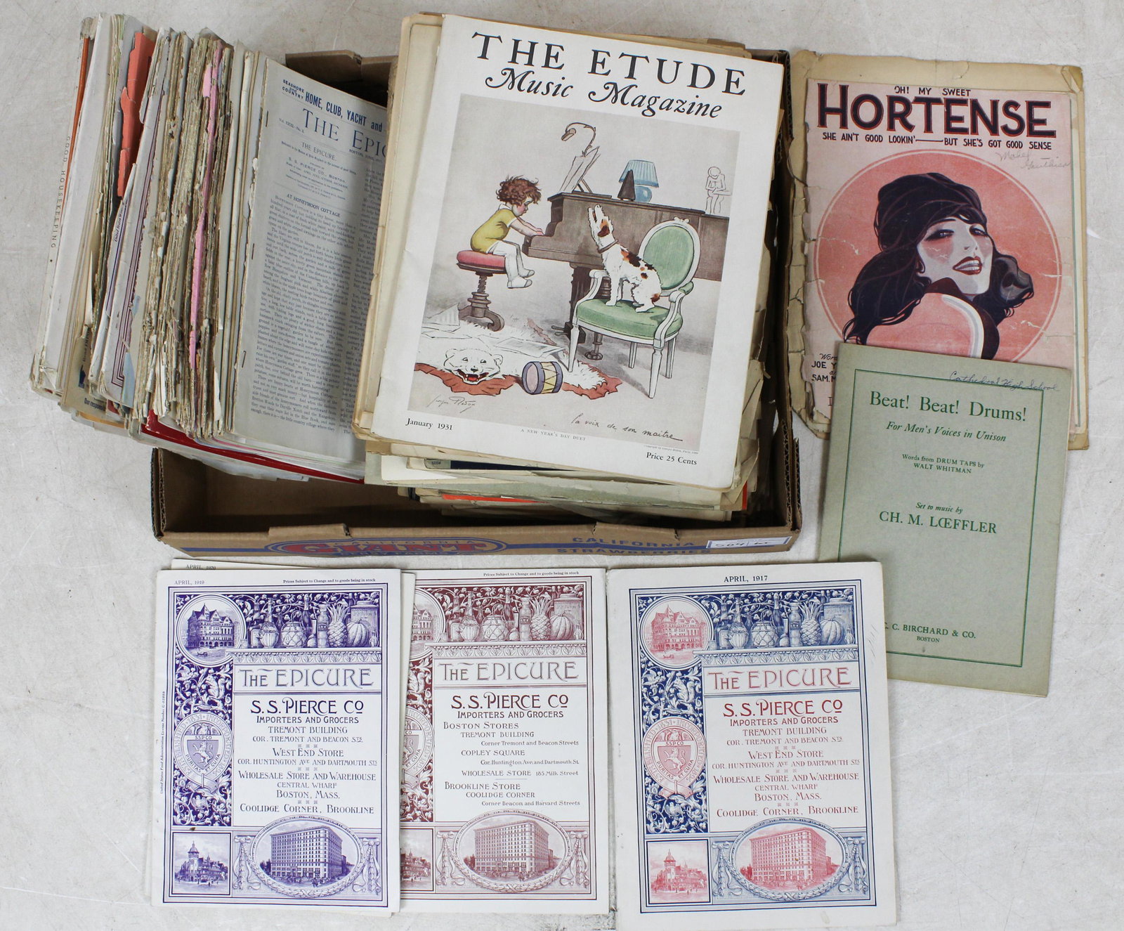 Vintage Sheet Music and The Epicure Magazines: Lot of Vintage sheet music including 1920's graphic covers, and a group of ca. 1917 The Epicure S.S. Pierce Boston gourmet cuisine catalog magazines with great illustrations and advertisements