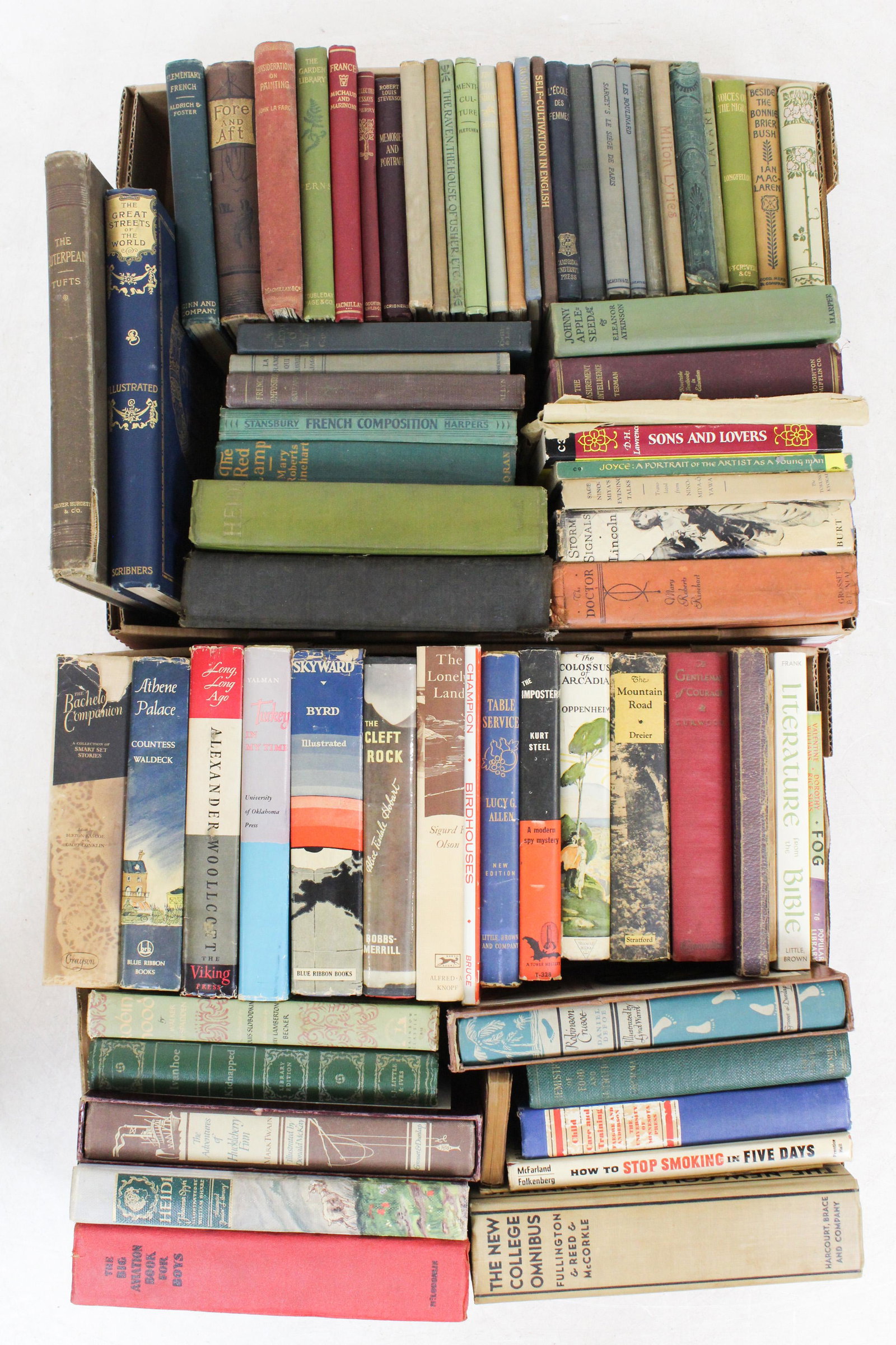 Large Group of Early 20th c. Books: Large group of books including early 20th c. poetry and prose, some gilt Art Nouveau covers, mid 20th c. youth books, novels, romance languages, etc.