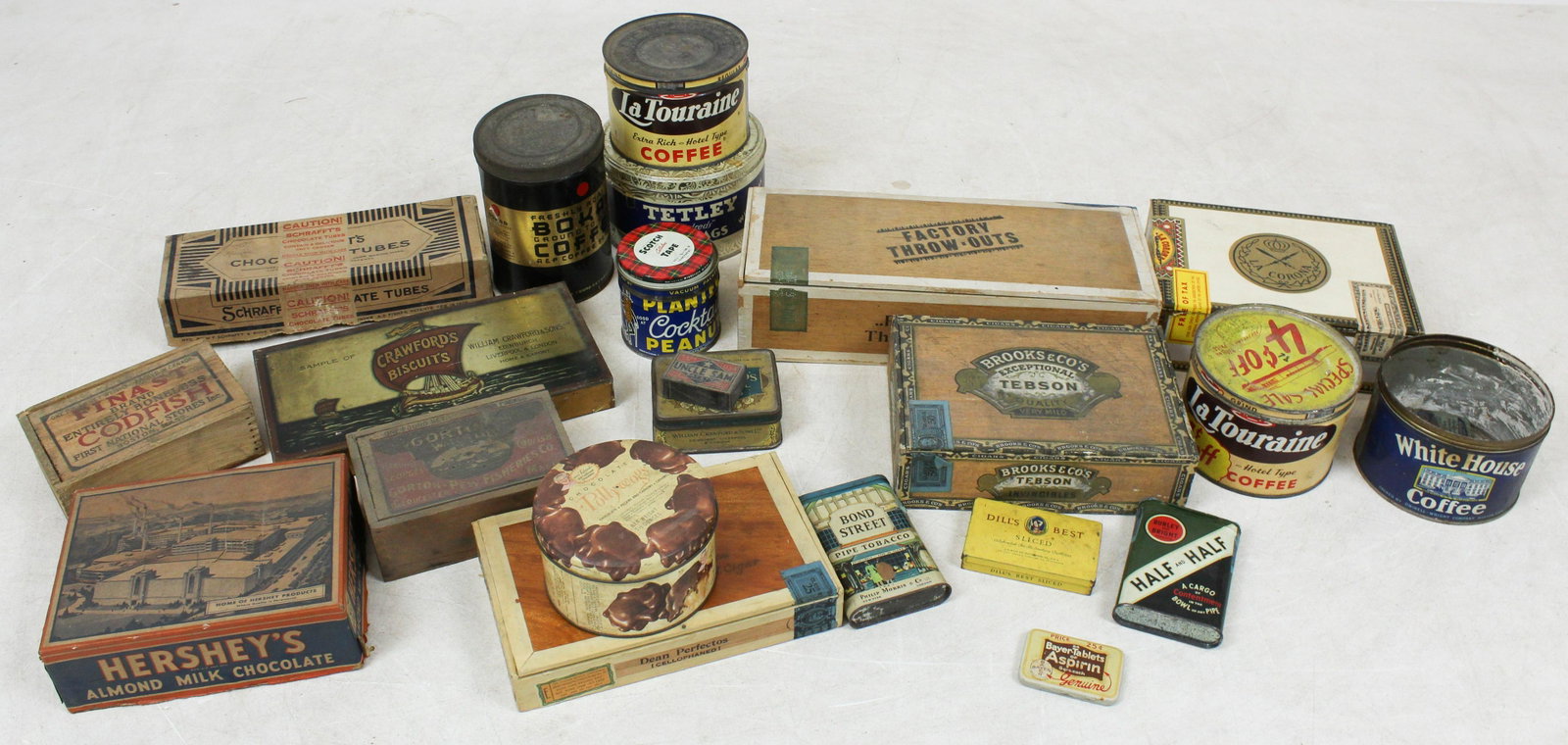 Collection of Advertising Tins and Boxes: Collection of Advertising Tins and Boxes including Schrafft's Chocolates, Finast Codfish, LaTouraine Coffee, Bokar Coffee, Crawford's Biscuits, Bond Street tobacco vest tin, cigar boxes, etc.