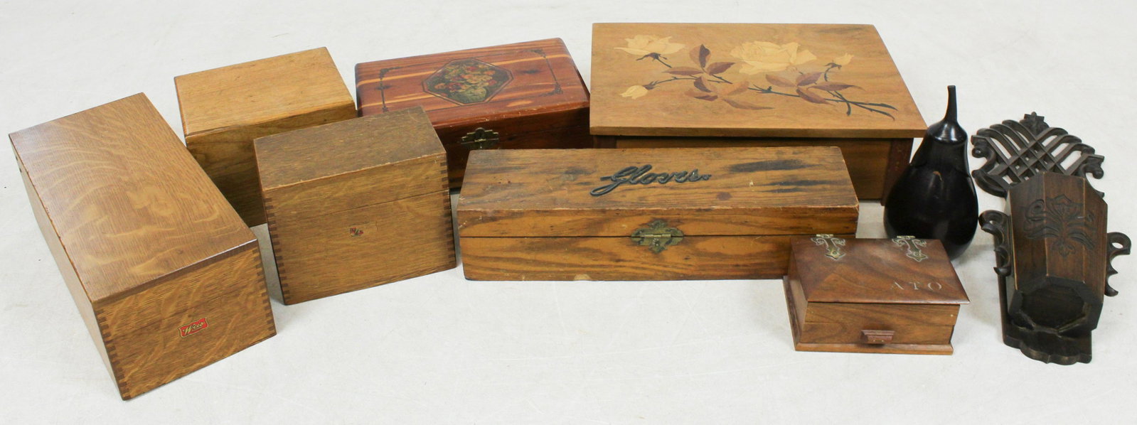 Lot of Treenware and Wooden Boxes: Lot of Treenware and Wooden Boxes including fine Alpha Tau Omega walnut men's fraternal jewelry box, rose floral marquetry inlaid dresser box, 2 oak index file boxes, cedar glove box, polished mahogan