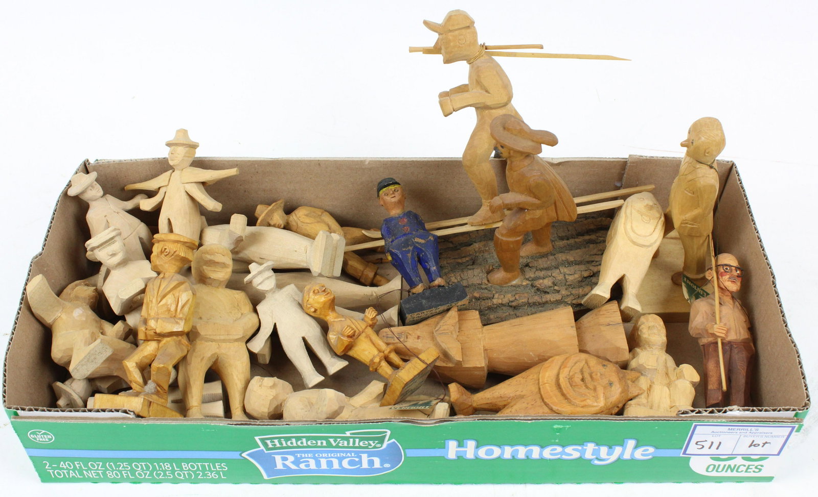 Group of Carved Wooden Figures by Ralph E. Thayer: Group of mid 20th c. carved wooden folk art figures by Maj. Ralph E. Thayer of Burlington, Vermont including skier, Samuel de Champlain, billikens, farmers, fishermen, etc. in varying states of comple