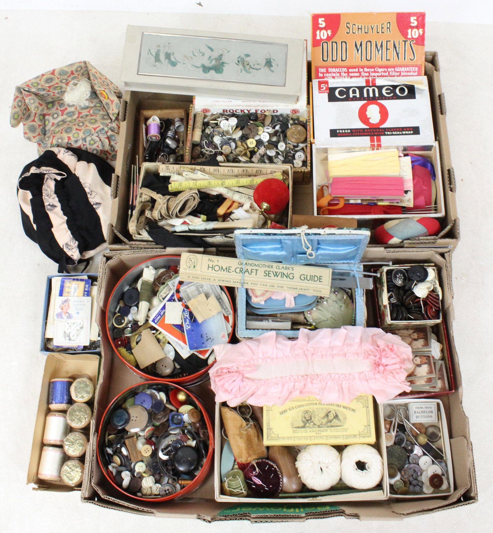 Lot of Vintage Sewing Accessories and Supplies: Lot of Vintage Sewing Accessories and Supplies including spool cotton, buttons, buckles, pin cushions, hand crocheted lace, etc.