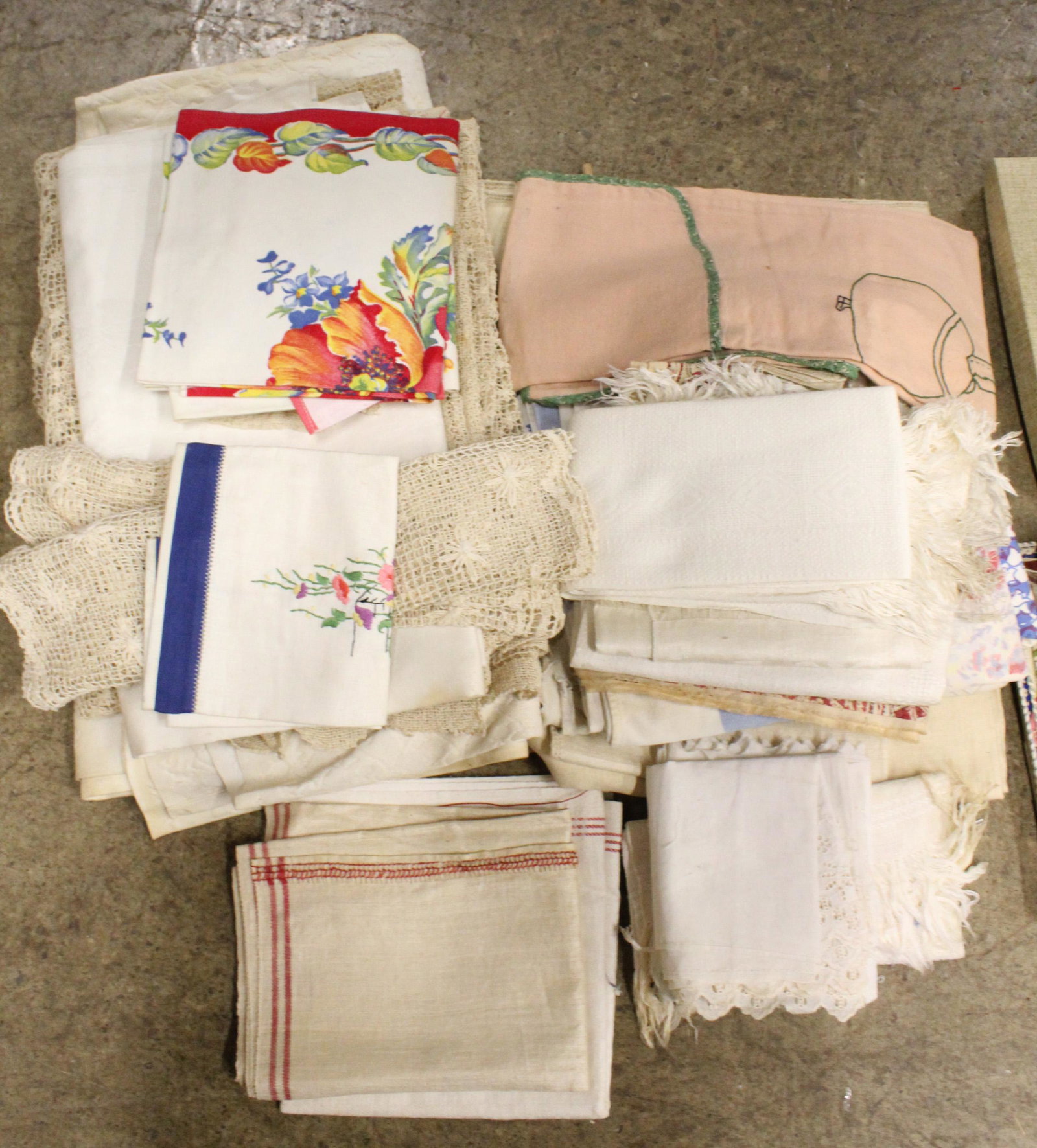 Large Lot of Table Linens and Needlework: Large Lot of Vintage Table Linens and Needlework including damask, embroidered table cloths and napkins, crocheted tableclothes, fancy work, etc.