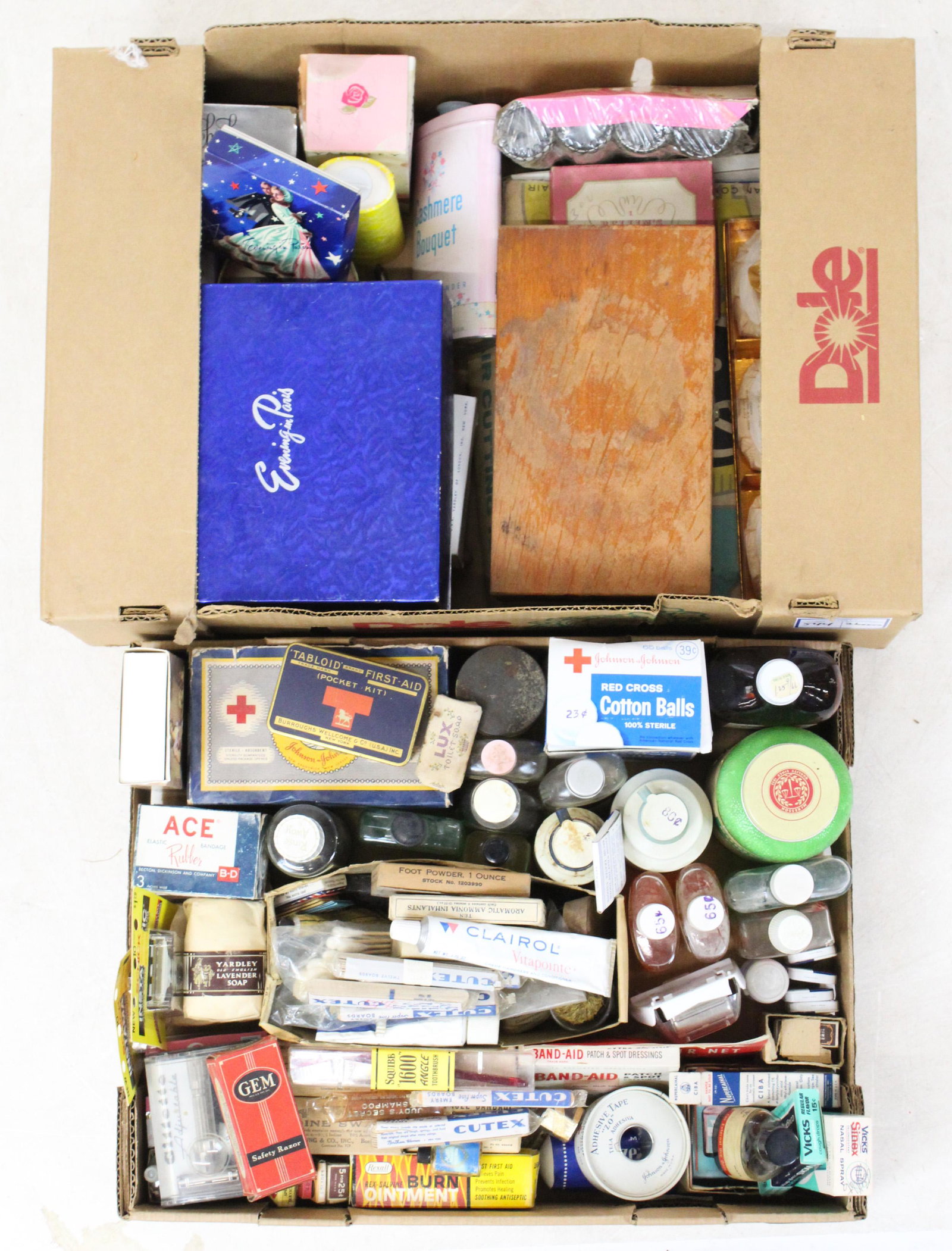 Large Lot of Vintage Cosmetics, Drug Store items: Large lot of vintage 1920's-1960's cosmetics and NOS drug store items including Evening in Paris packaging, perfume bottles, razor blades, tins, bottles, boxes, oak case for Tyrian Triumph syringe , e