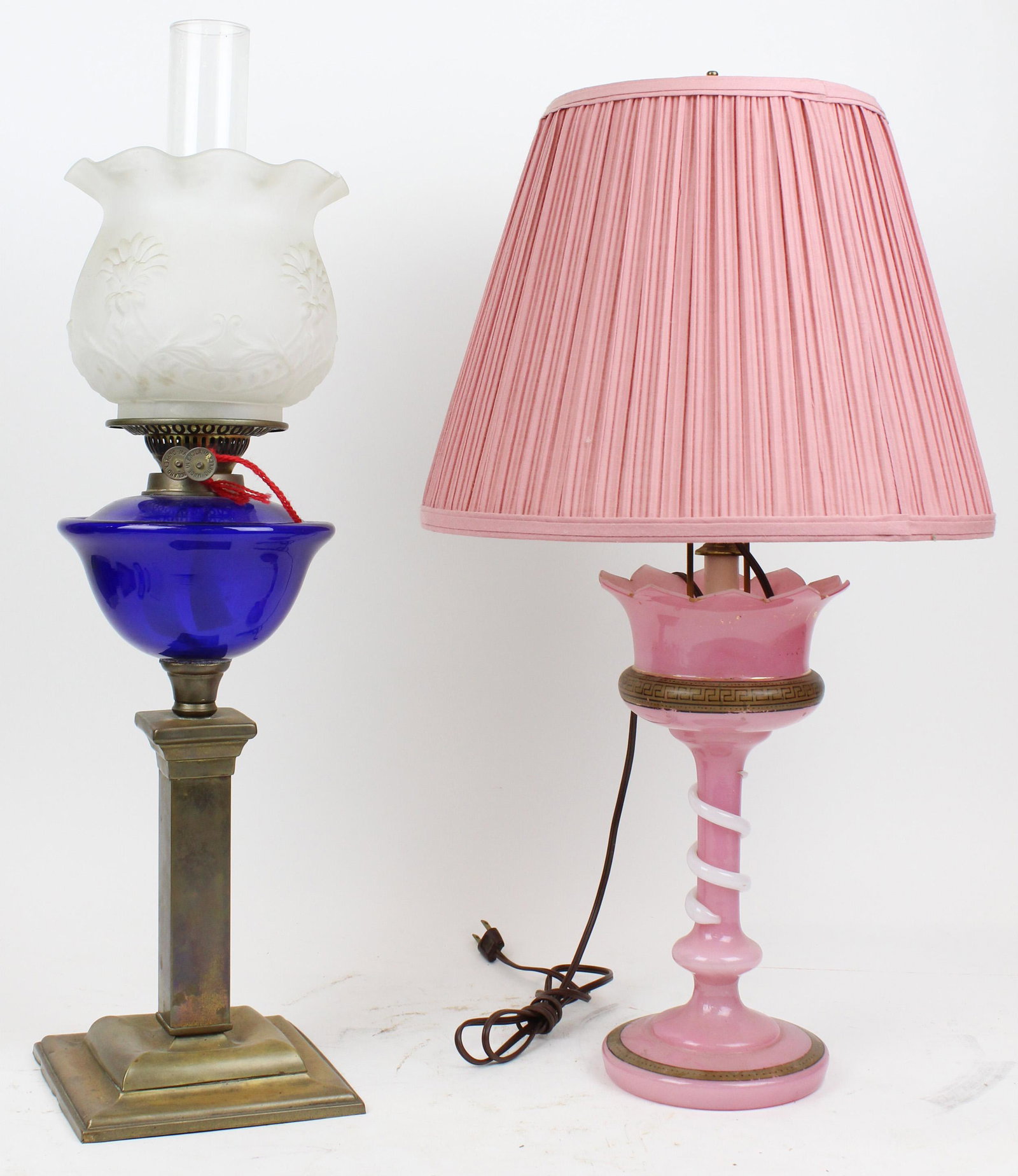 Banquet Lamp, Bristol Glass Vase Lamp: Banquet lamp with brass base and blue font, overall ht 26", sold with a Bristol Glass garniture vase/ lamp (electrified), overall ht 25"