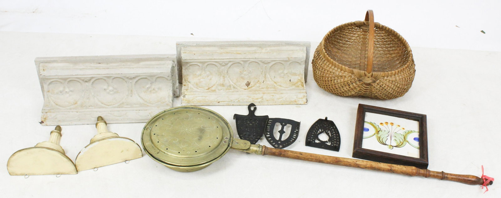 Bedwarmer, Shelves, basket, etc: Early brass bedwarmer, metal fireproof monlding shelves, glazed tile, buttocks basket, cast iron trivets, etc