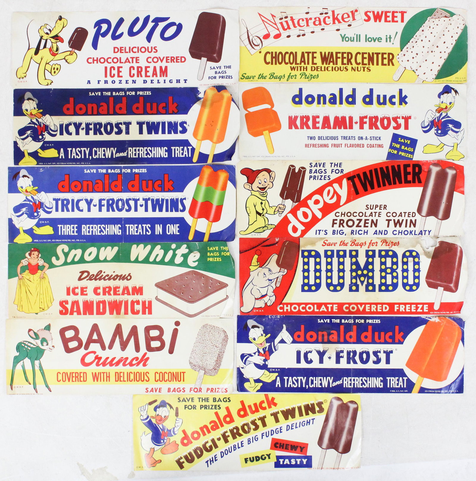 Disney Character Ice Cream Advertising: Disney characters ice cream advertising, color litho on paper- Donald Duck, Snow White, Pluto, Bambi, Dopey, Dumbo, 6" x 18", some edge damage, stains