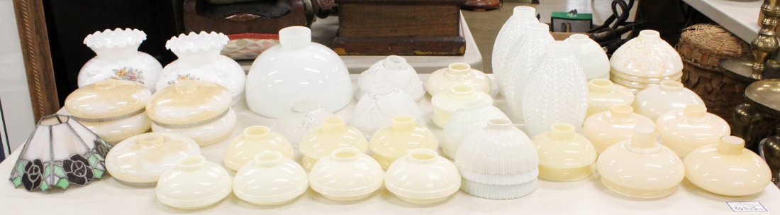47 pcs. Vintage Lighting Glass Shades Globes: 47 pcs. architectural salvage vintage glass lighting shades including 1940's iridescent custard glass chandelier globes, frosted sconce shades, leaded shade, oil lamp astral shades, etc.