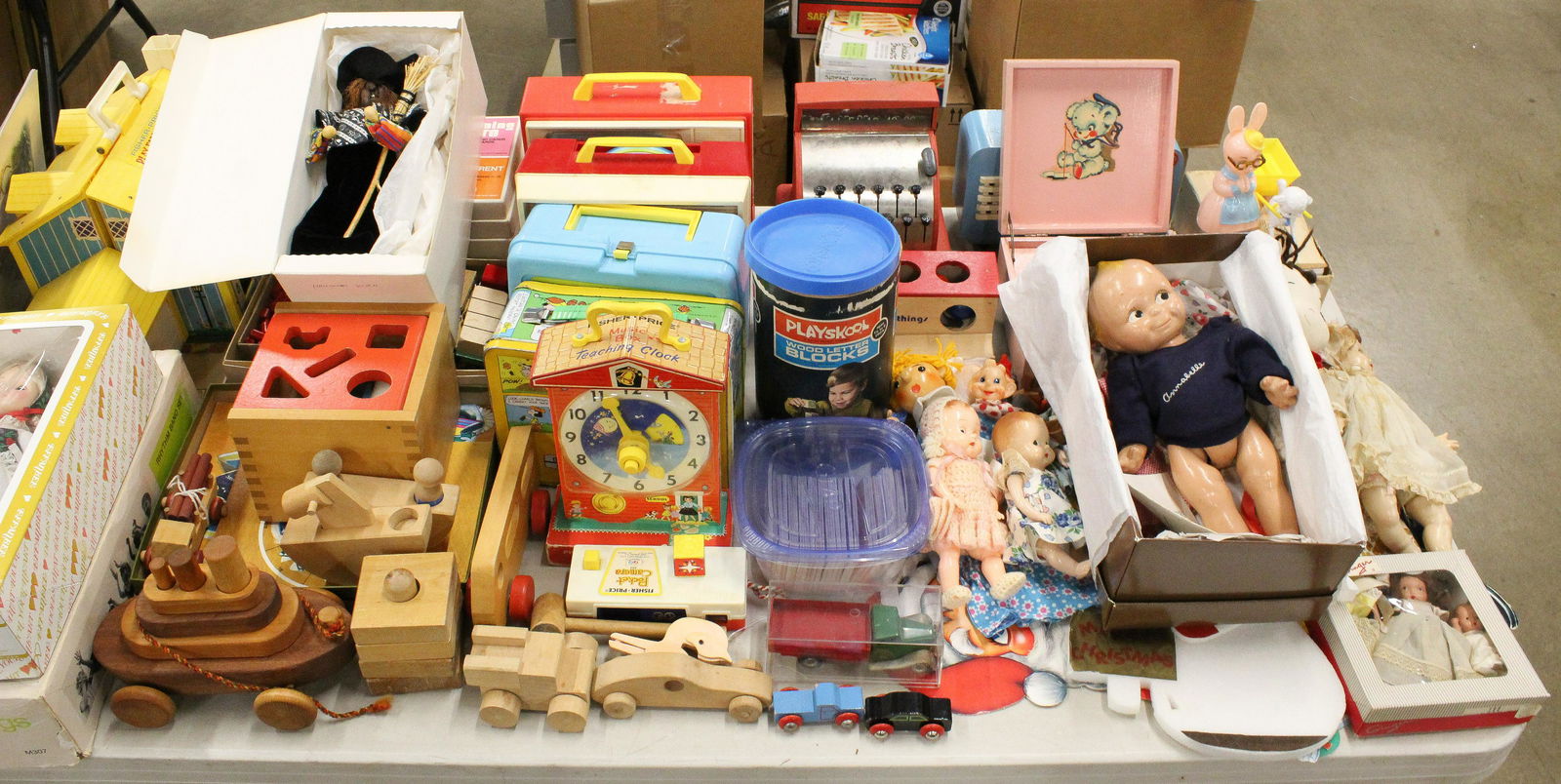 Large lot of vintage 1950's-70's Childrens Toys: Large lot of vintage 1950's-70's Childrens Toys including Fisher Price, Creative Playthings of Finland, The Montgomery Schoolhouse Inc. of Vermont, holiday decorations, 1940's composition dolls includ