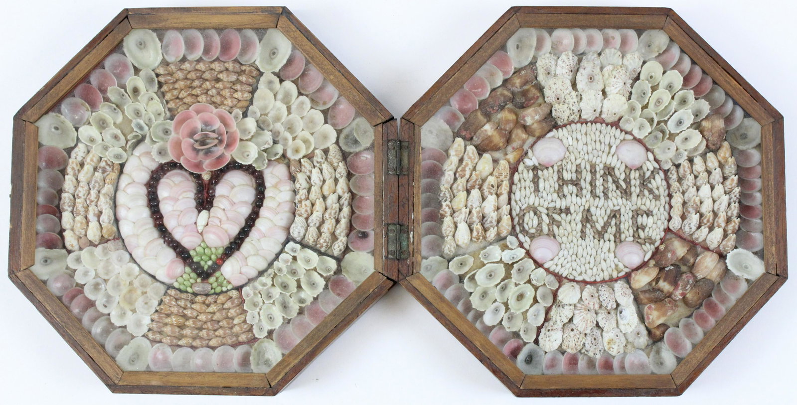19th c Octagonal Sailor's Valentine: 19th c octagonal Sailor's Valentine "Think of Me", with heart, 9" x 9" x 2 1/2" closed
