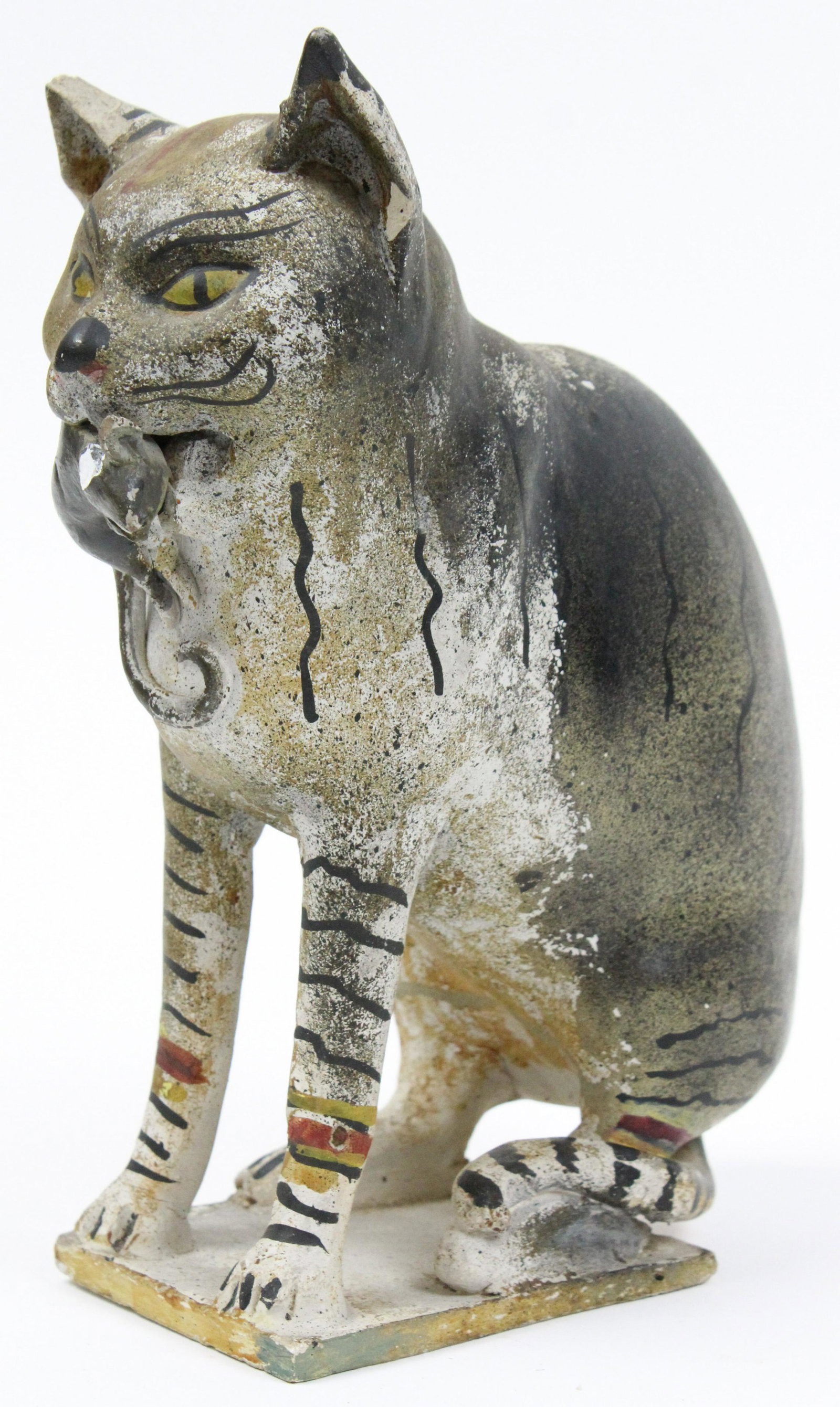 Large Pennsylvania Chalkware Cat Bank: Large Pennsylvania Chalkware cat with mouse bank, ht 9 1/2", chip on cat's ear, chip on mouse's ear, large chip on base