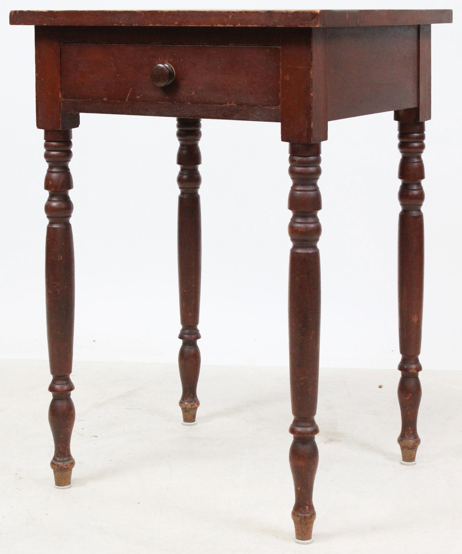 Westford VT Sheraton Stand in Original Red: Sheraton cherry one drawer stand in original red. Originally from the Rogers Farm, Westford, Vermont. Good clean original condition. 28" h, 18" w, 18" deep.