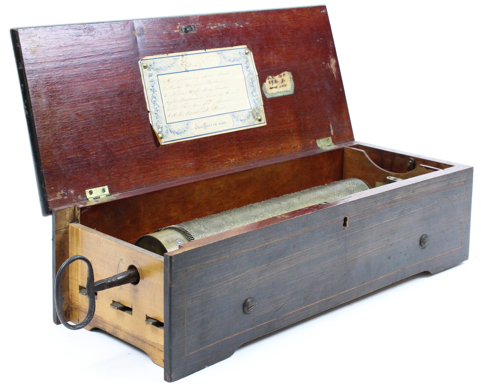 19th c Swiss Inlaid Rosewood Music Box: 19th c Swiss music box, 10 3/4" comb, one tooth broken, not working, losses to inlay, case 16 1/2" x 6 1/4" x 4 1/2", sold to benefit the Vermont Historical Society