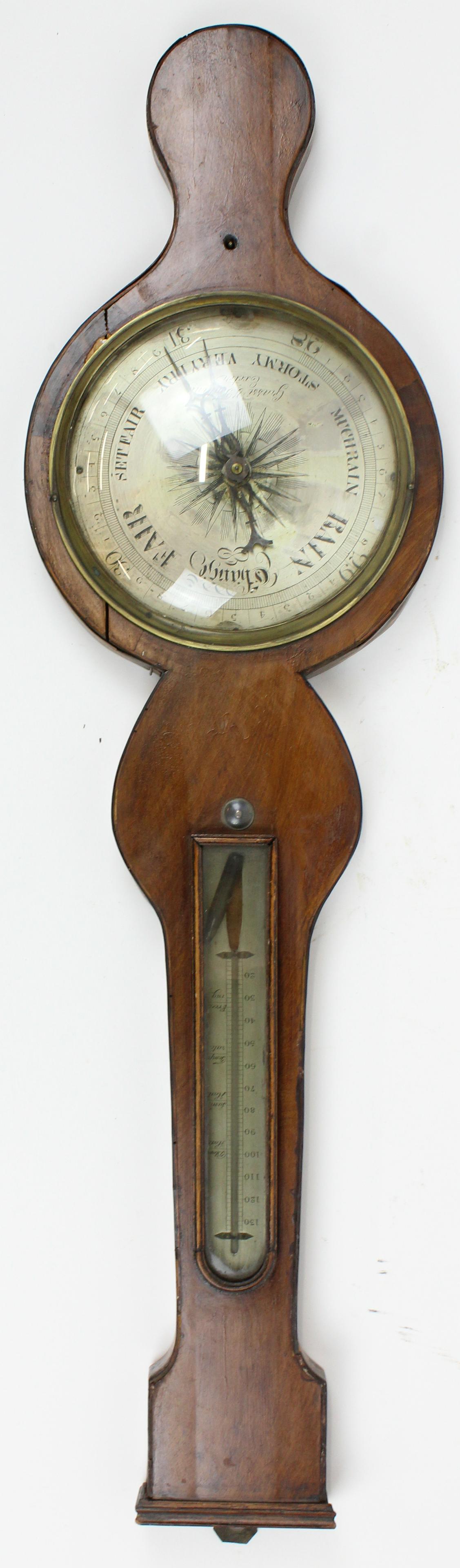 Grassi and Fontana Exeter Banjo Barometer: Early 19th c Grassi & Fontana, Exeter wheel or banjo barometer, 8" silvered wheel, thermometer bulb is broken, case damaged, length 35 1/2", sold to benefit the Vermont Historical Society