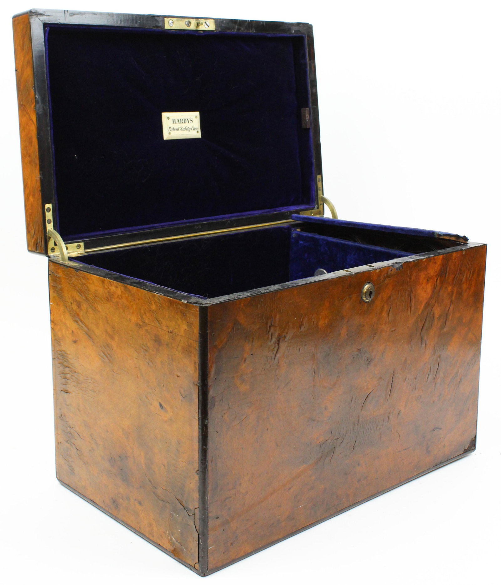 Hardy's Patent Safety Case With Alarm: Hardy's Patent Safety Case with key-wind alarm bell built in (alarm would sound when box is picked up improperly, needs lock key and other work), 16 1/2" x 12" x 10"