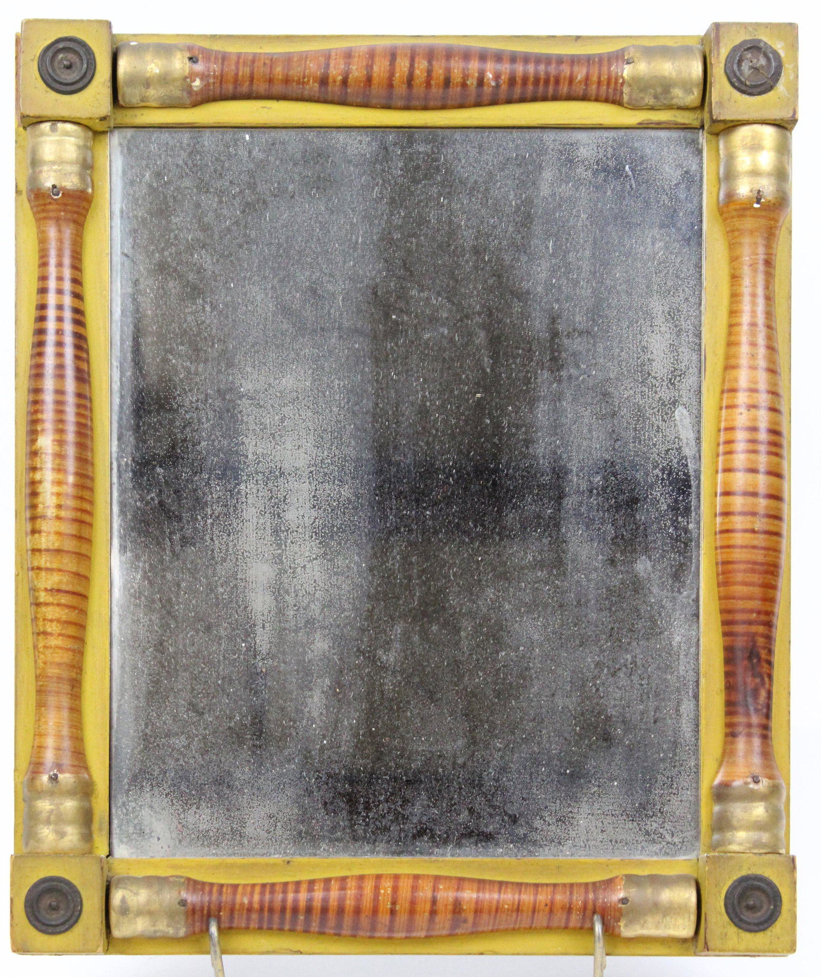 Small 19th c Grain Painted Sheraton Mirror: Small early 19th c lemon gilt, yellow, & grain painted Sheraton split column mirror, 12 3/4" x 11"