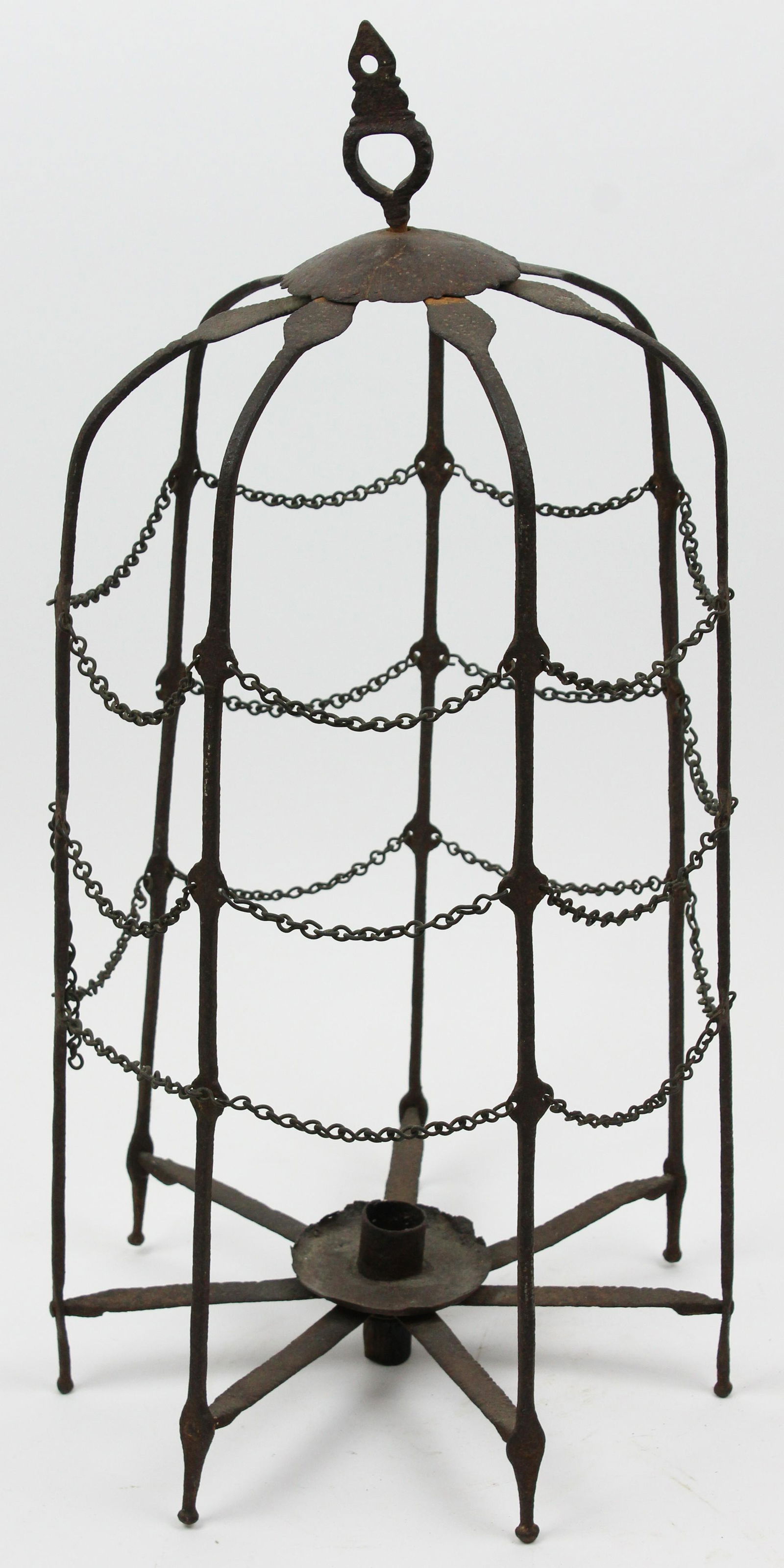 19th c Wrought Iron Candle Lantern: 19th c wrought iron hanging candle lantern, some oxidation, ht 22"