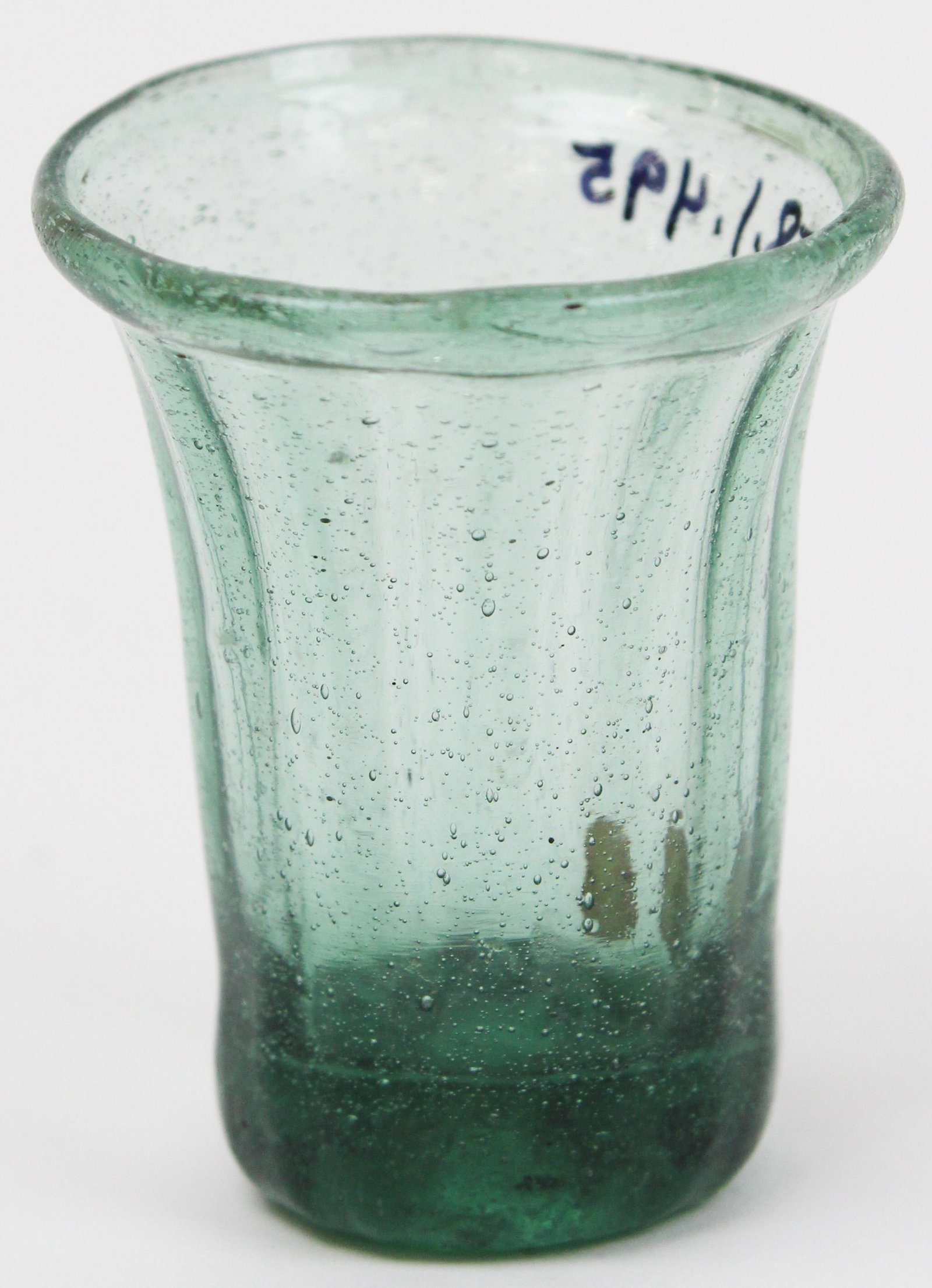 Small Early Blown Aqua Shot Glass: Small early blown aqua glass shot glass, ribbed mold, rough Pittsburg type pontil, ht 2 1/4", sold to benefit the Vermont Historical Society