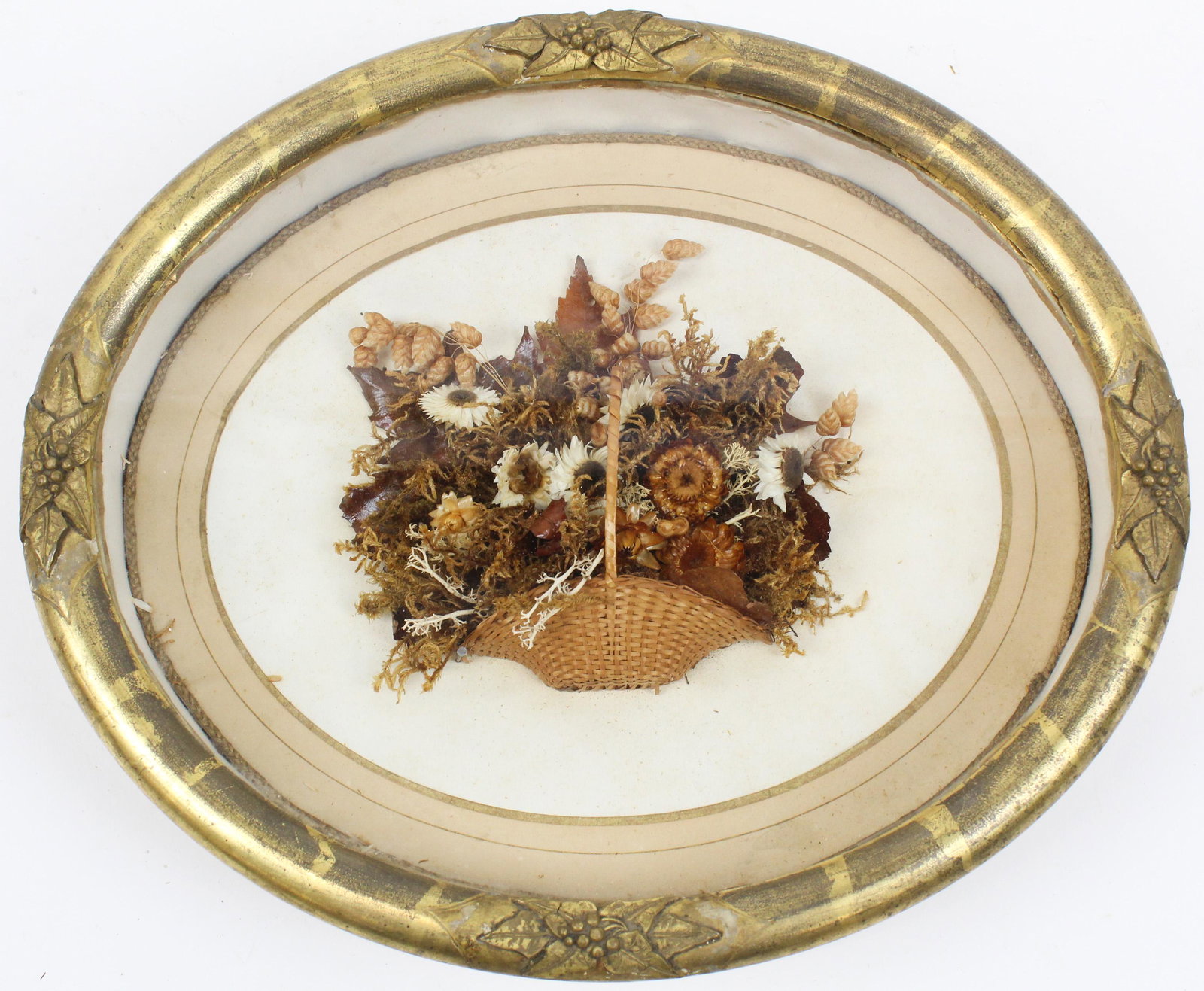 19th c Dried Flower Basket Shadow Frame: late 19th c dried flower basket shadow frame, lemon gilt oval frame, 13" x 11" x 2 1/2"