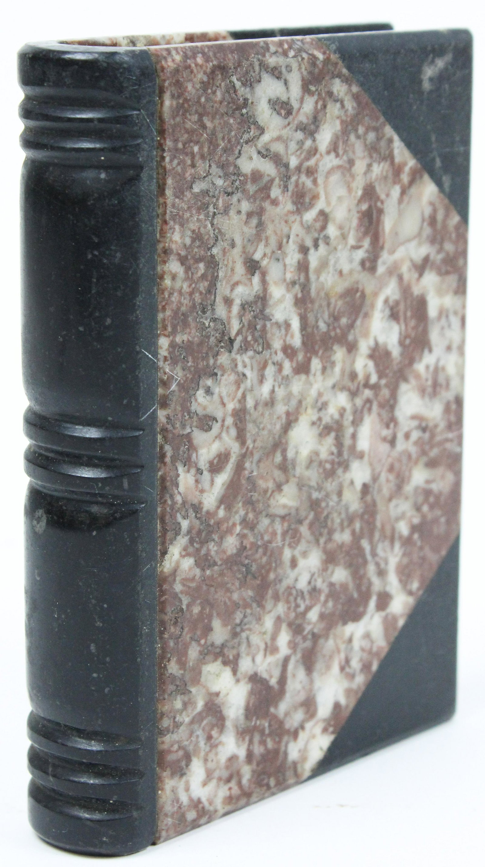 19th c Multi Colored Stone Handwarmer: 19th c stone book or stone bible handwarmer, marble and slate, 3 colors/ types of stone, 5 1/4" x 4" x 1"