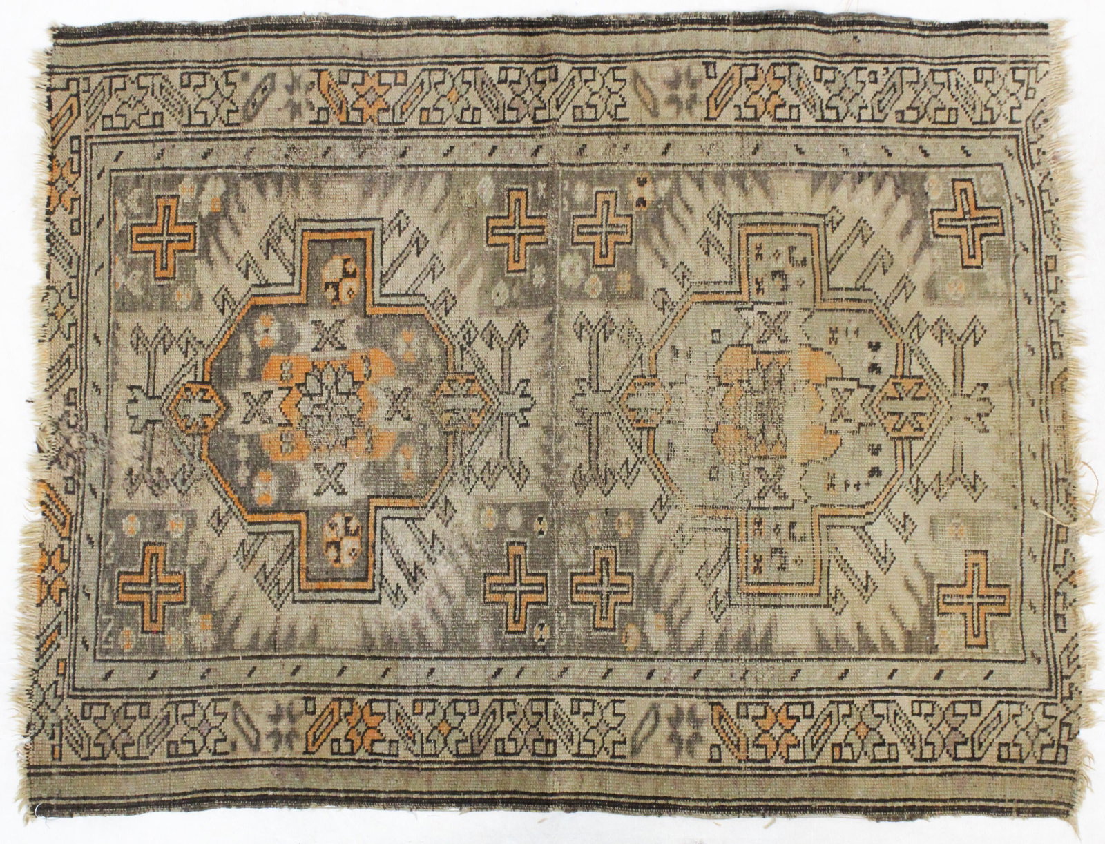Antique Sevan Shield Design Kazak Oriental Rug: Small Late 19th c Sevan Bellini "Shield" design area rug, uneven wear, 3' 3" x 4' 3"