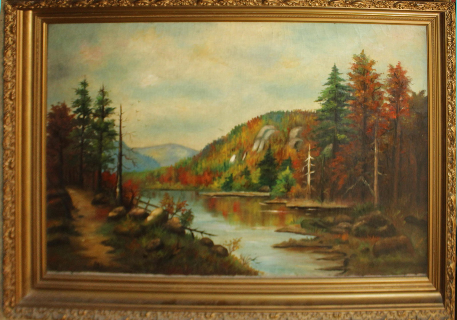 19th c Hudson River School Landscape: 19th c Hudson River School Landscape oil on canvas 22 x 36"