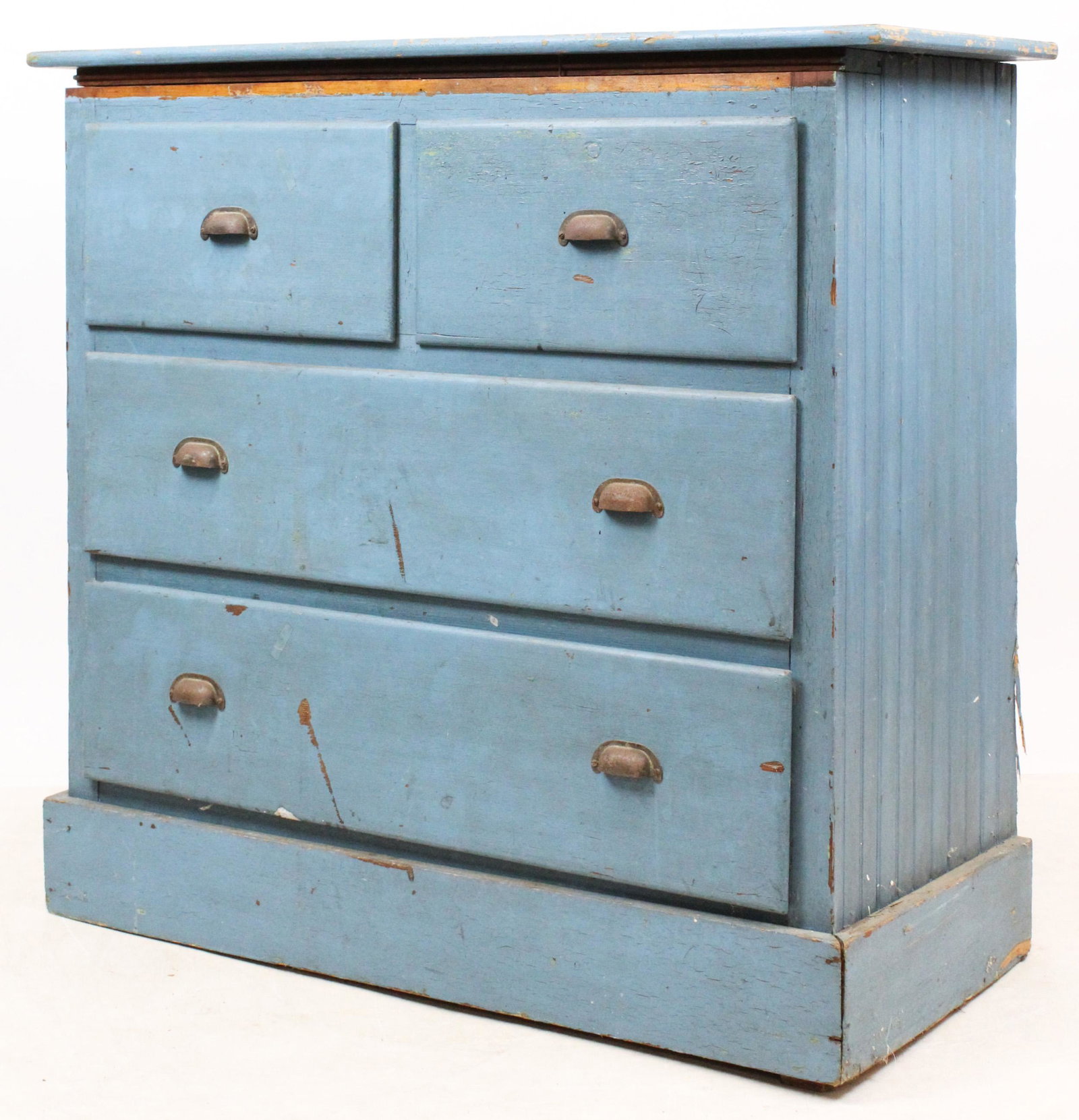 19th Chest in Original Blue: Late 19th c chest, 2 over 3 drawers in original blue paint with country store pulls. 42" w, 39" h, 19" deep. Wainscot sides.