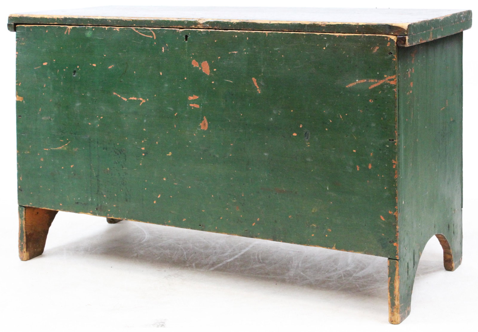19th c Lift Top Chest in Green over Red: Large 19th c lift top chest in old green paint over red. Boot jack end base. 26" h, 44" w, 19" d.