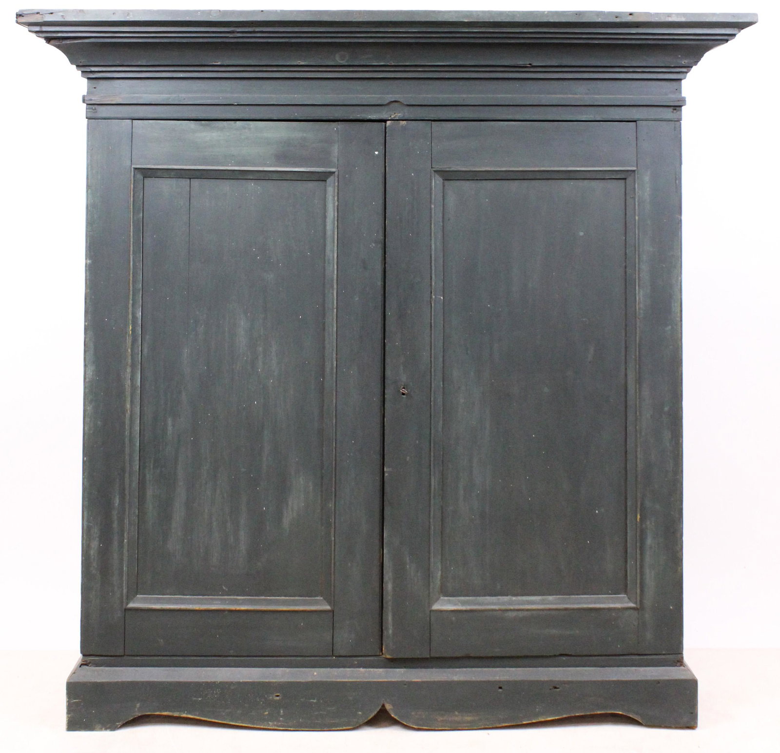19th c Jelly Cupboard in Blue/Green Paint: 19th c two door jelly cupboard in old blue green paint. Large cornice molding, double doors, on shaped bracket base. 60" wide, 59" h, 16" deep (top depth).