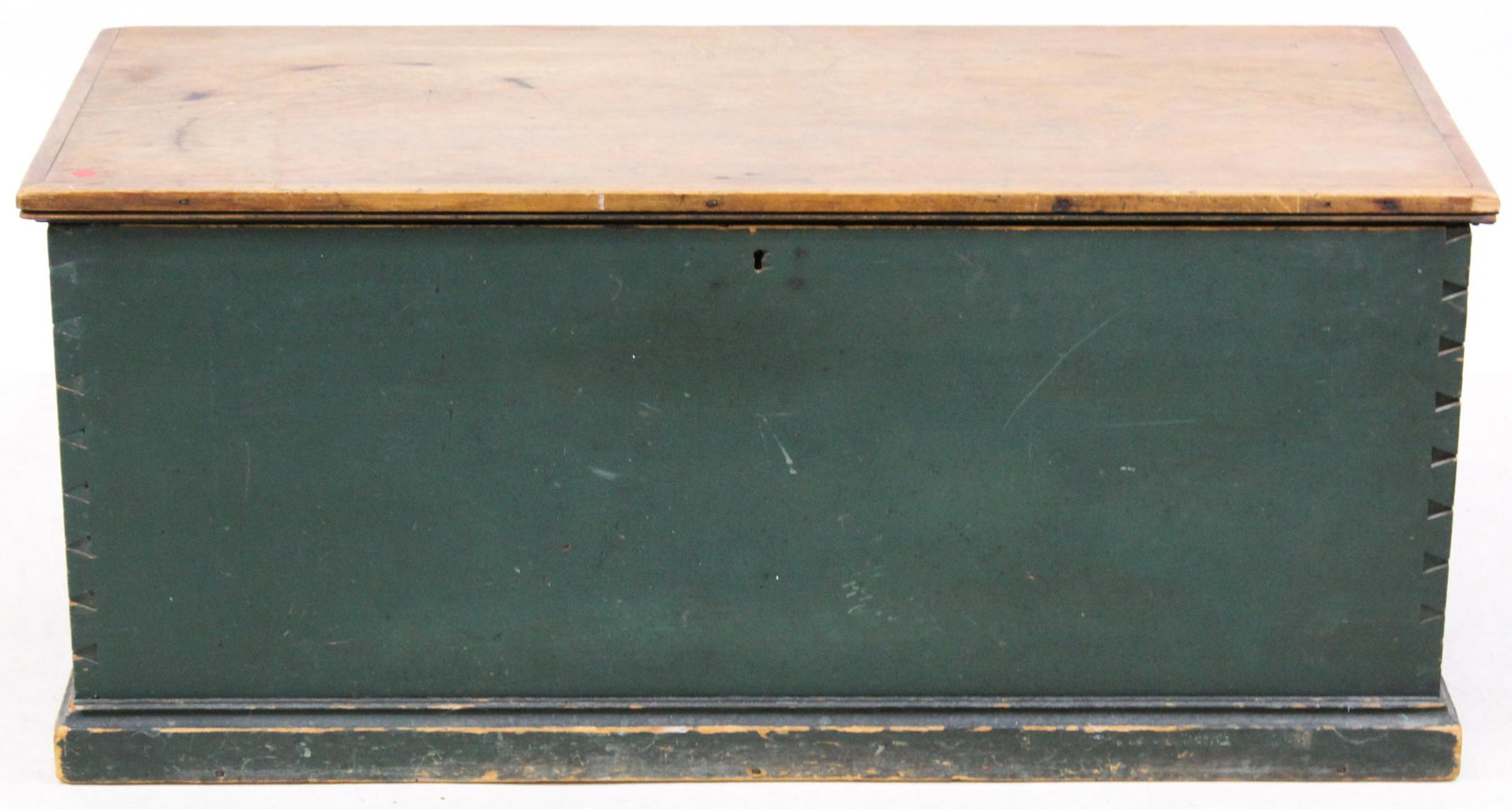 19th c Lift Top Chest in Grey/Green Paint.: 19th c lift top blanket chest in original grey / green paint. Top refinished. Dovetailed construction, molded base. 43" long, 19" h , 18" deep.