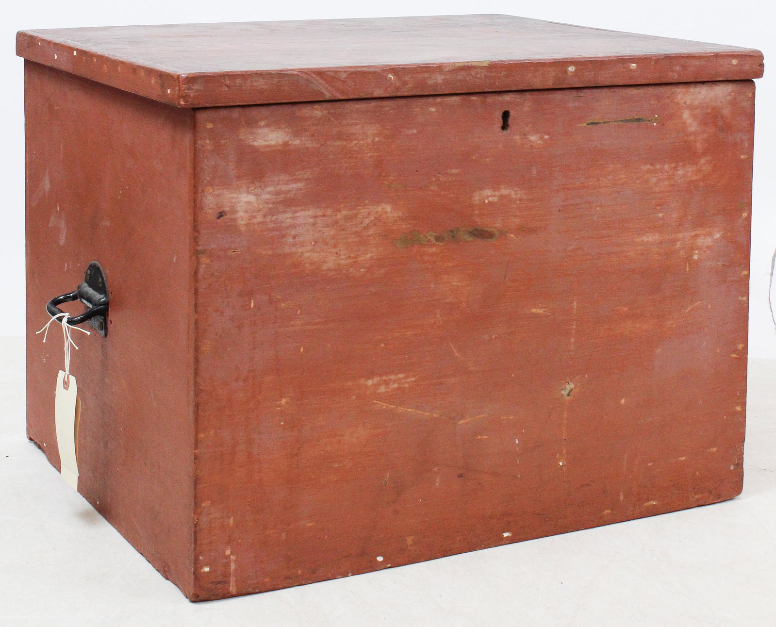 19th c Lift Top Half Trunk in Red: A 6 board 19th c lift top half trunk in old red paint. Metal bails. 24" w x 18" h, x 19" deep. -sold to benefit the Vermont Historical Society