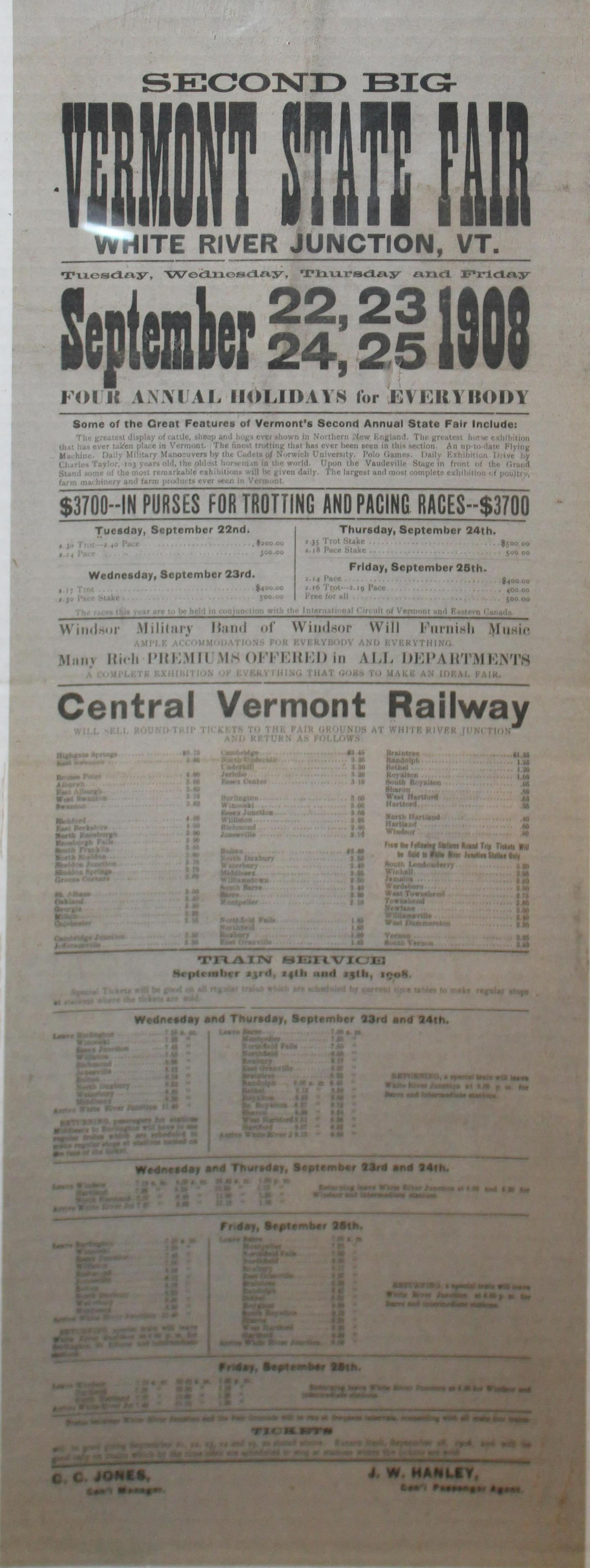 1908 Vermont State Fair Broadside- White River Junction: 1908 Vermont State Fair Broadside - Touting horse races, Trotting, A Flying machine, Norwich University Cadets and More! Along with schedule of events and Central Vermont Railway information 9 x 24"