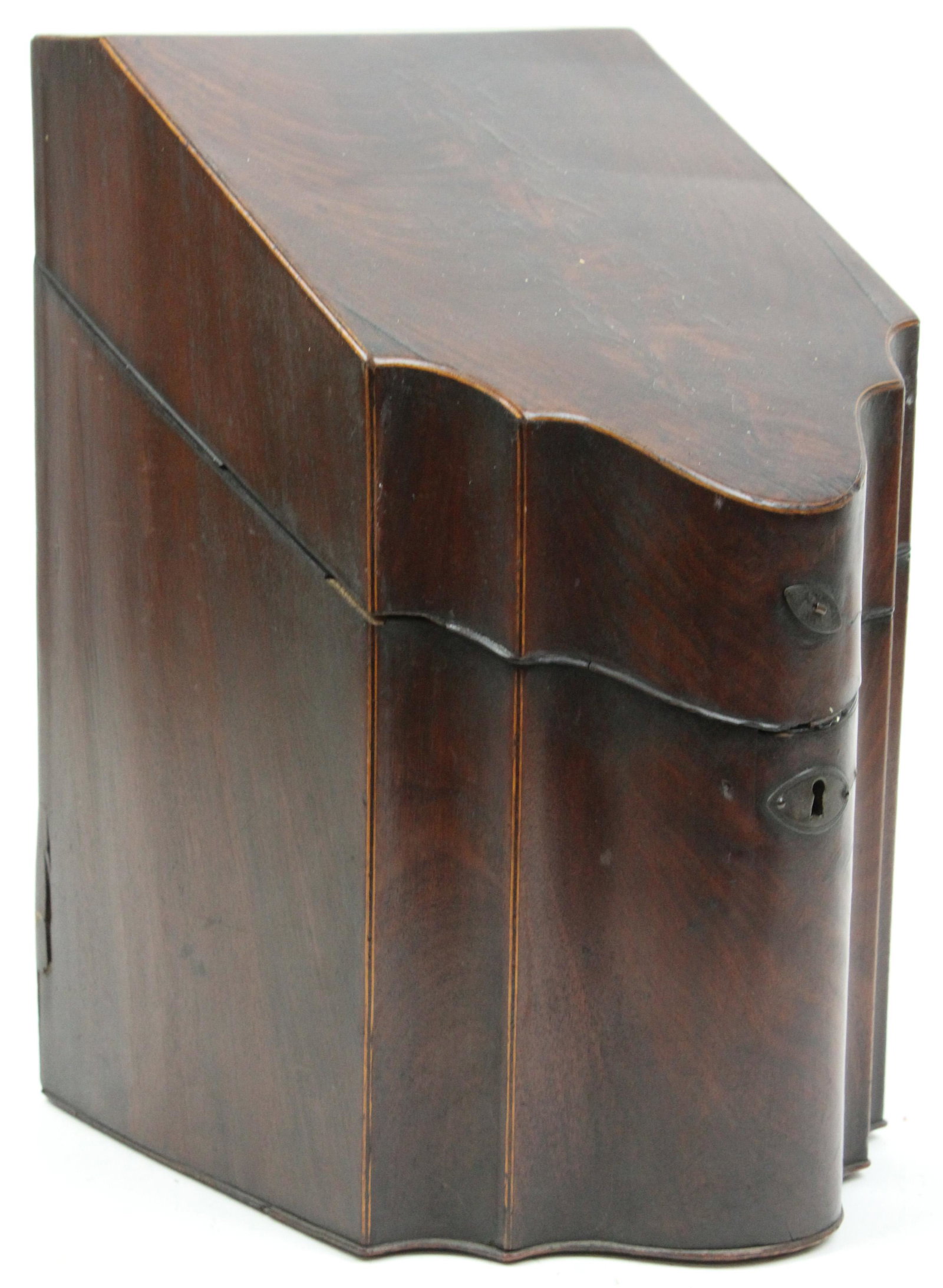 Late 18th c Georgian Mahogany Knife Box: Late 18th c Georgian mahogany knife box (interior removed), ht 14 1/4", sold to benefit the Vermont Historical Society