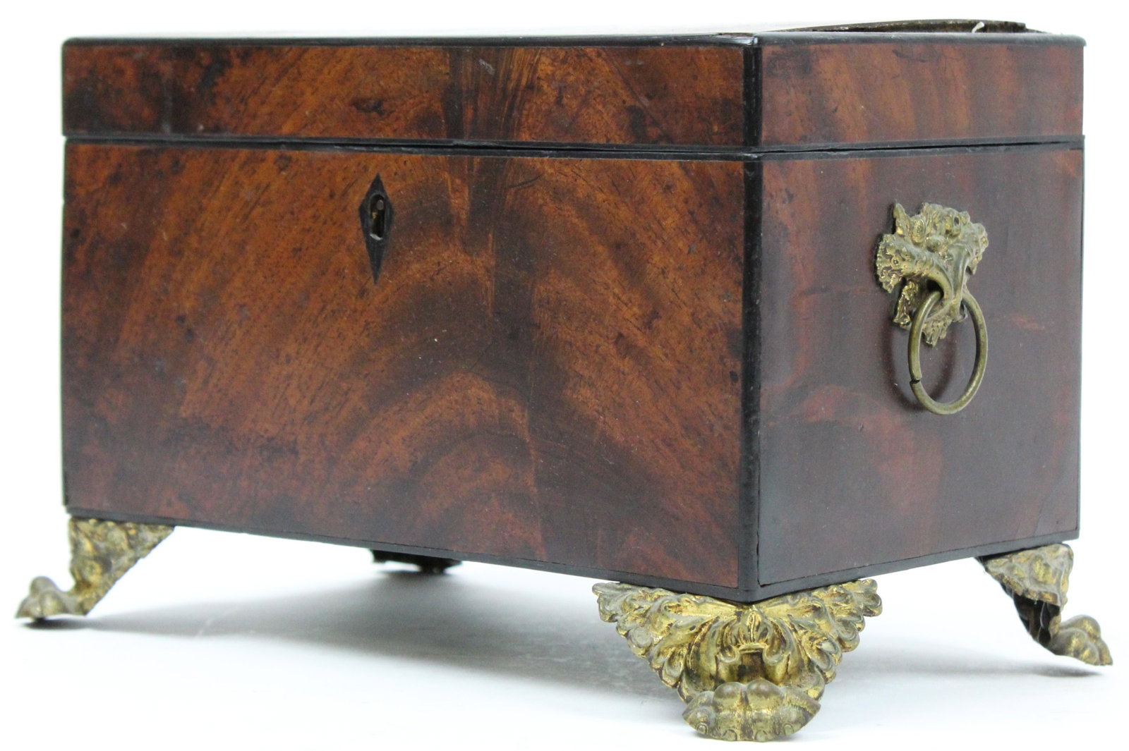 Early 19th c Mahogany Tea Box: Early 19th c mahogany tea box with ormolu mounted feet, 8 3/4" x 5 1/4" x 6 1/4", minor veneer loss, lifting