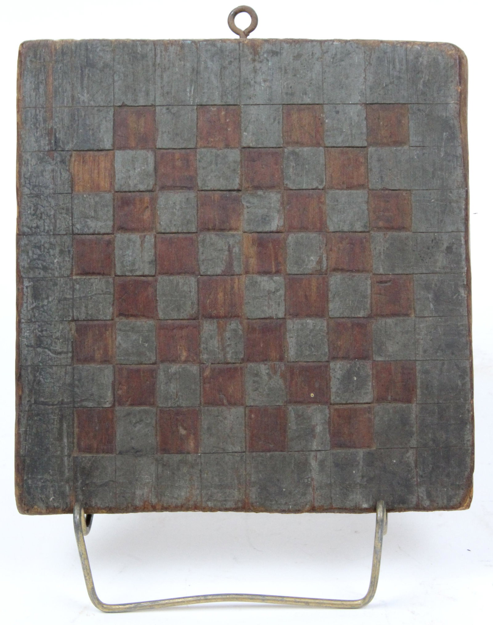 Small 19th c Gameboard: Small 19th c carved game board, old red & gray paint, red squares are inset, 8 1/2" x 8 1/4" x 1"