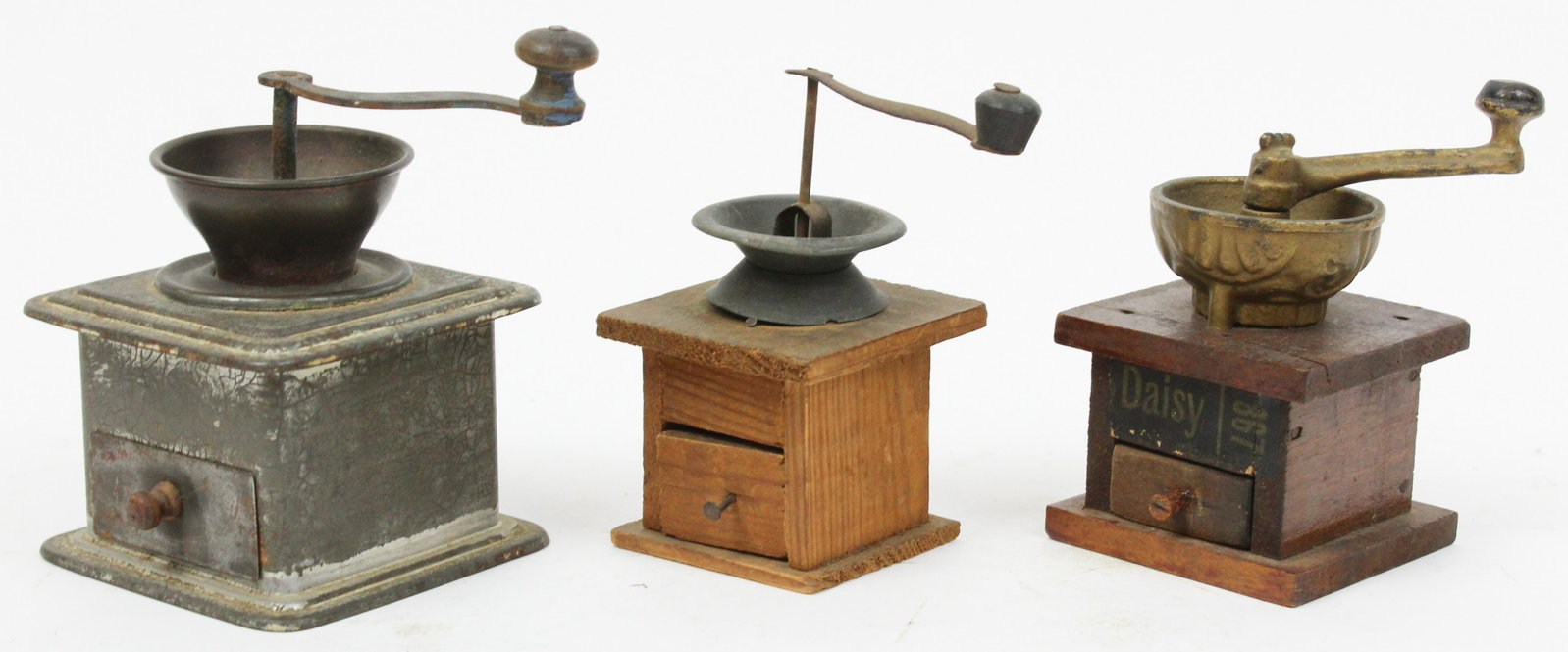 Three Miniature Coffee Mills: Three Miniature Coffee Mills, hts 3 1/2" to 4"