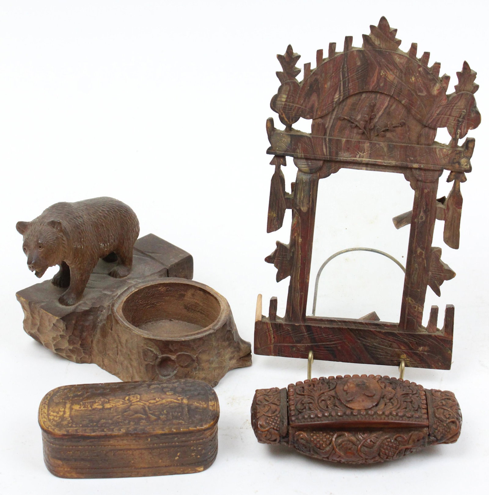 Group of Small Carvings, Snuff Boxes: Group of small carvings, snuff boxes, picture frame (4 pcs), including carved bear, exotic wood tintype frame, birchbark box, olivewood snuff (damaged), lengths from 3 1/8" to 6 1/2"
