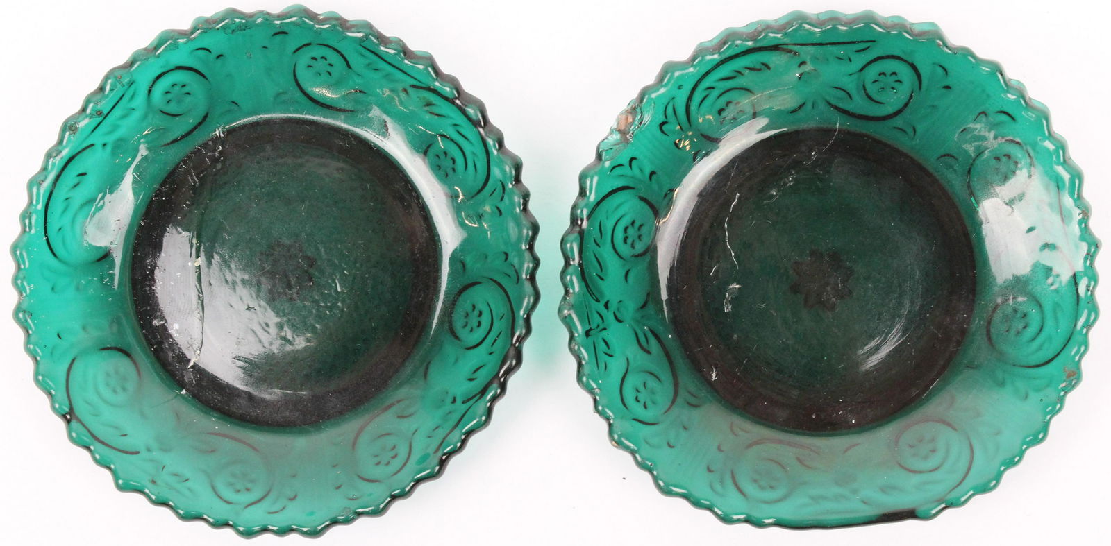 2 Early American Pattern Glass Green Cup Plates: 2 scarce EAPG Early American Pattern Glass cup plates in deep teal or emerald green color, scroll and flute motif, one with mishapen rim and rim chip dia. 3.75" dia. -sold to benefit the Vermont Histo