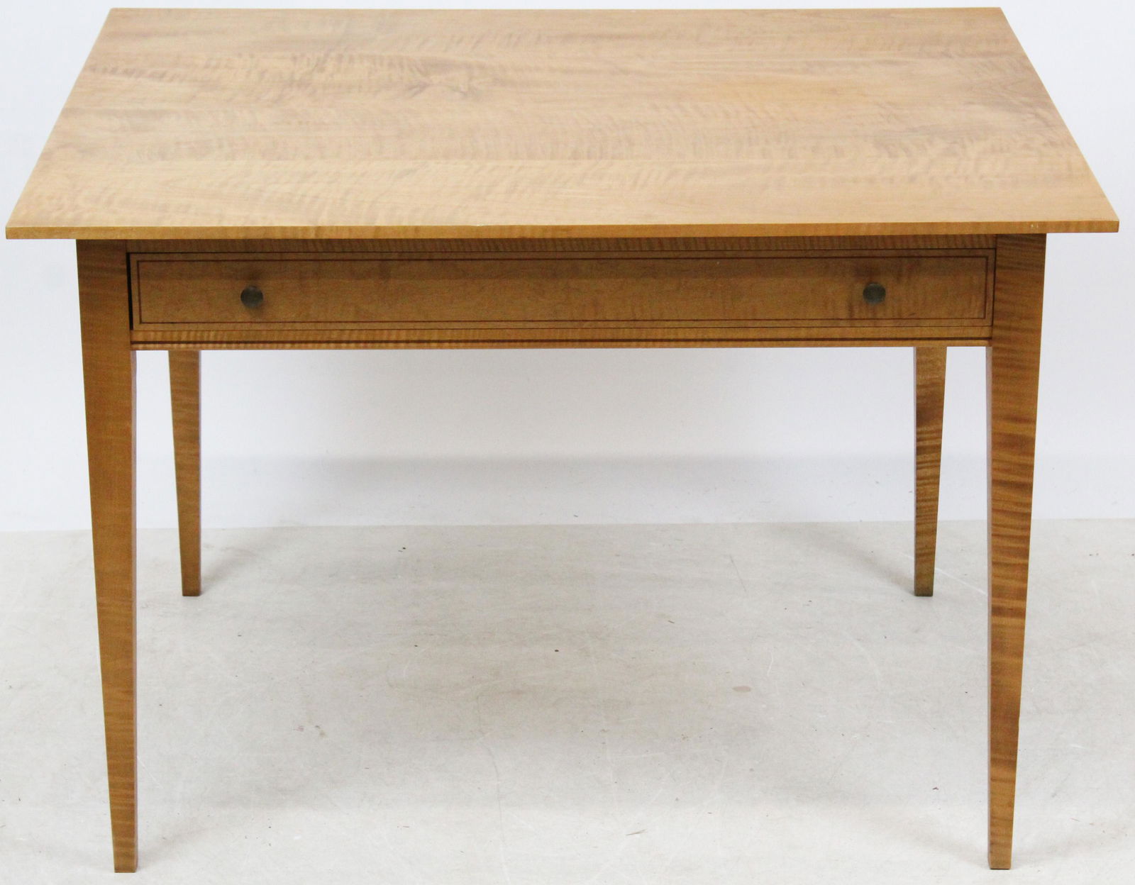 Vermont Furniture Works Tiger Maple Side Table: Custom Tiger Maple single drawer Hepplewhite style sofa table or side table. Signed under top. 25" h, 36" wide, 30" deep.