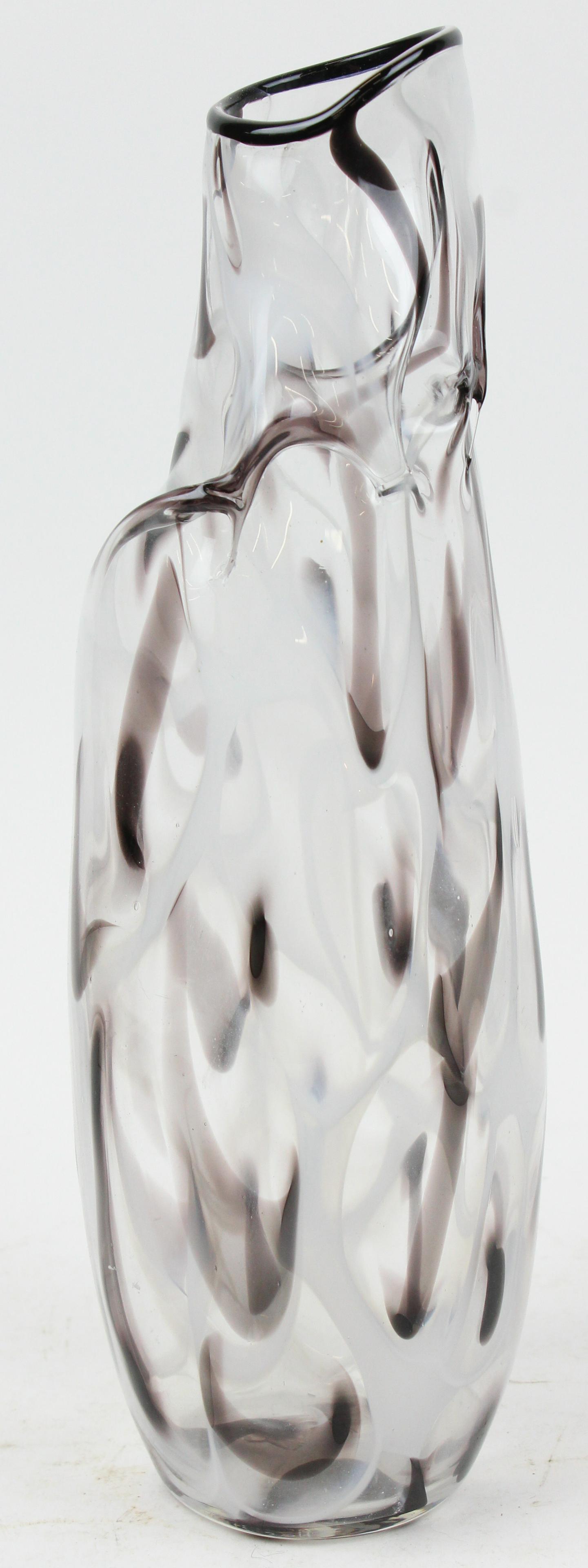 Ethan Bond Watts Burlington, VT Art Glass Vase: Ethan Bond Watts (1983-) Burlington, Vermont handblown contemporary art glass vase with black and white streaks and folded edge 12.5" x 4"