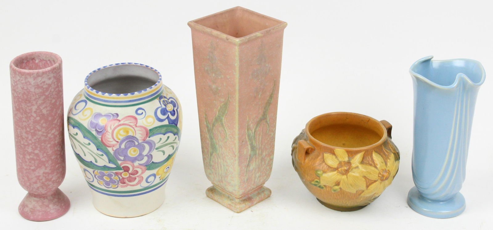 20th c. Art Pottery incl. Roseville, Weller: Group of 5 pcs. early 20th c. art pottery including Roseville matter glaze pink vase with original paper label, Carter Stabler Adams Ltd. Poole England floral decorated vase, Weller blue vase, Rosevil