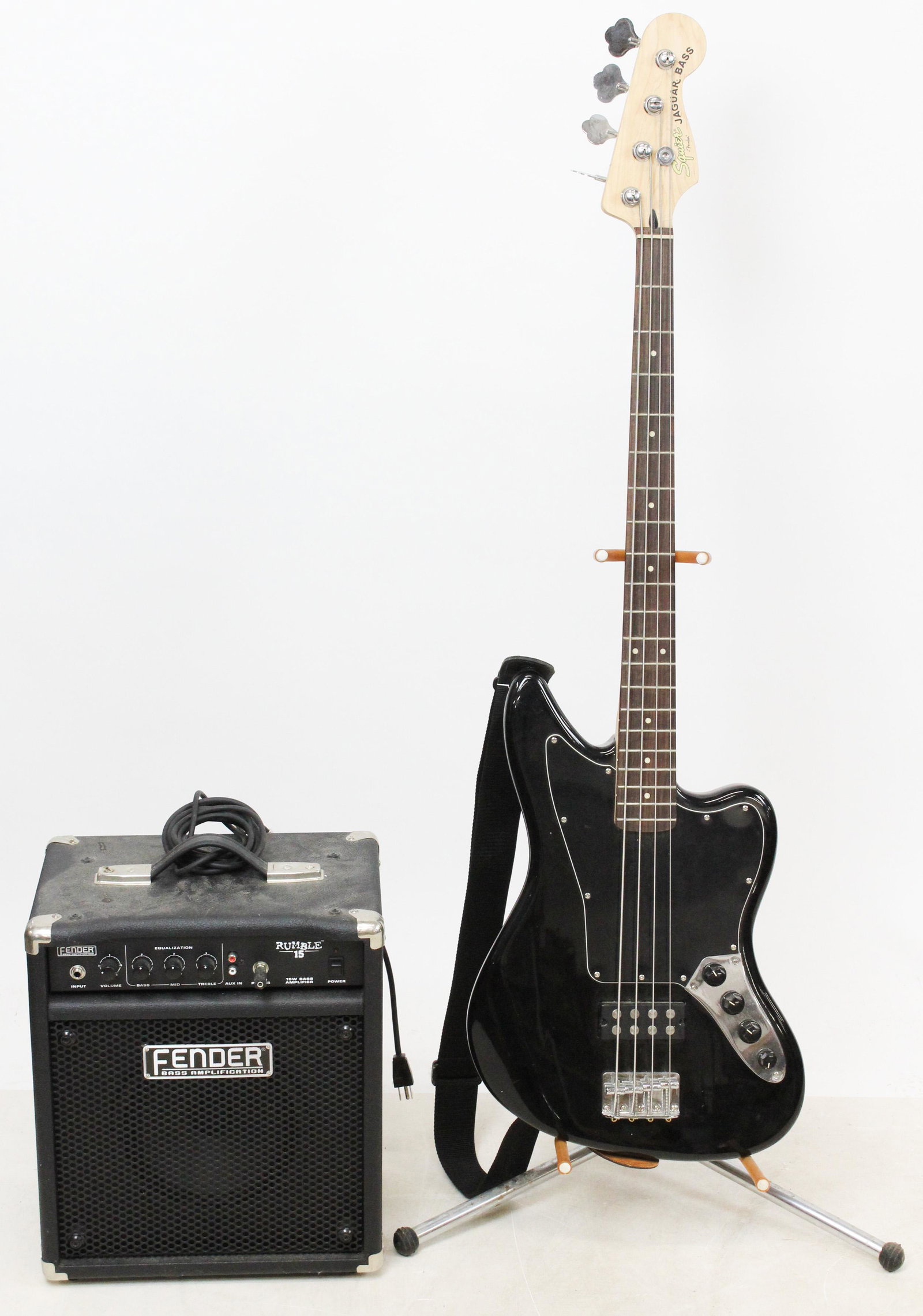 Squier Jaguar Special Bass: Fender Squier Jaguar Special Bass with high output humbucker 34" scale sold with Fender Rumble 15 amplifier in excellent overall condition.